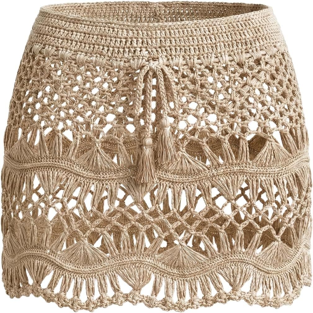 Women Crochet Coverup Skirt Drawstring Knit Mini Skirt Coverup for Swimwear