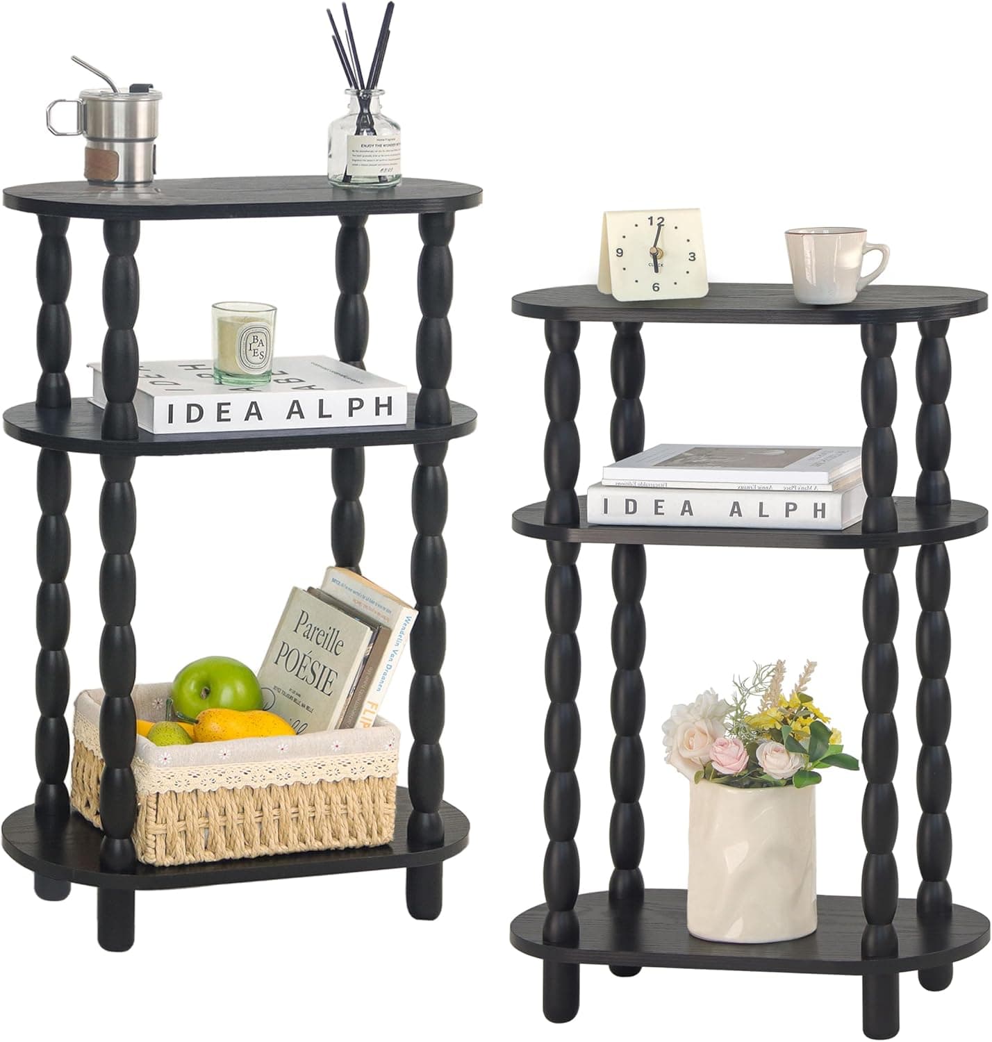 Small End Table Set of 2, 3-Tier Narrow Side Table Bedroom Set of 2 with Storage, Skinny Side Table Nightstand for Small Space, Bedrooms, Living Room (Black)