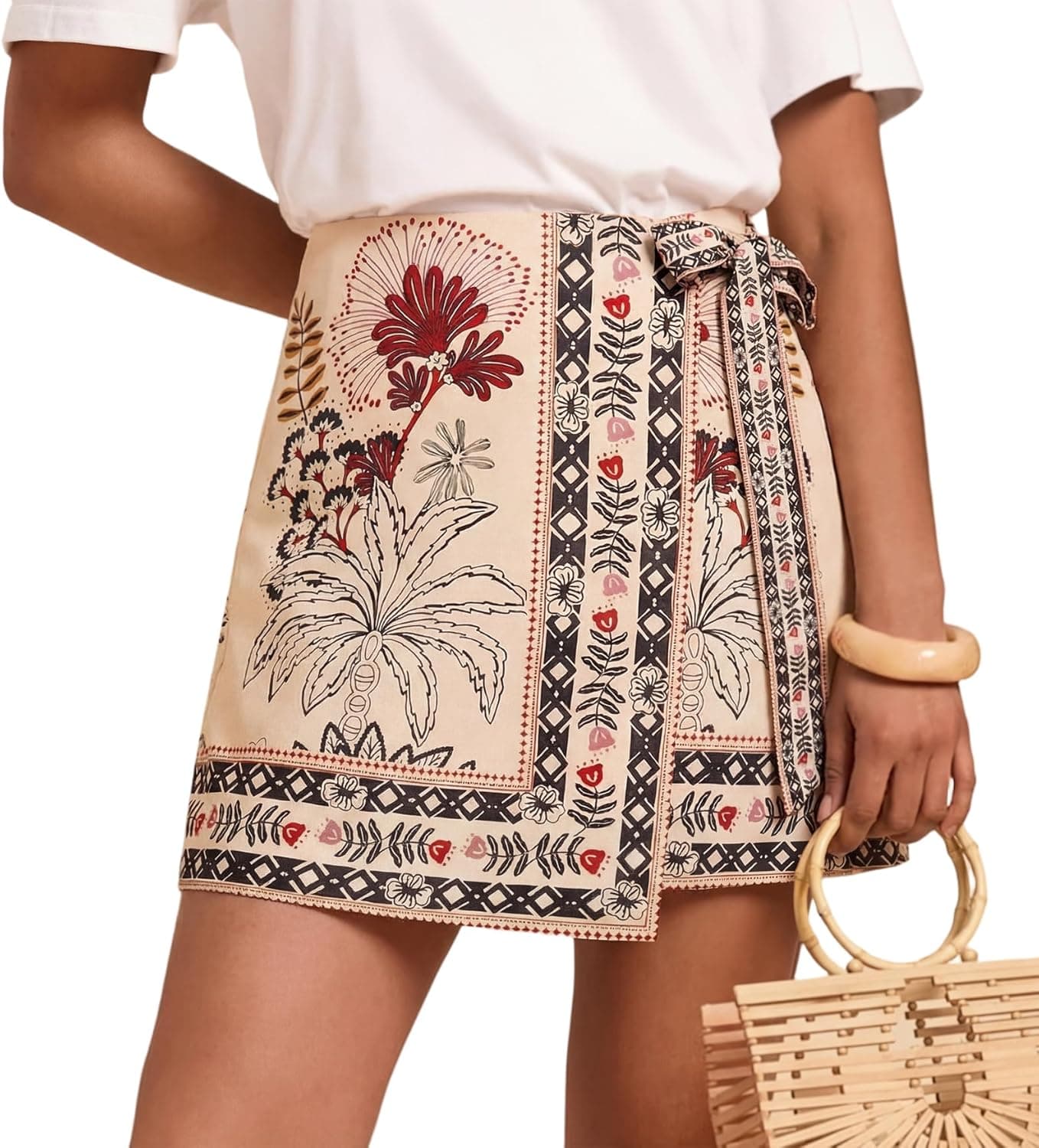 Womens Wrap Mini Skirt Boho Floral Printed Knot Side High Waist A Line Casual Summer Beach Short Skirt