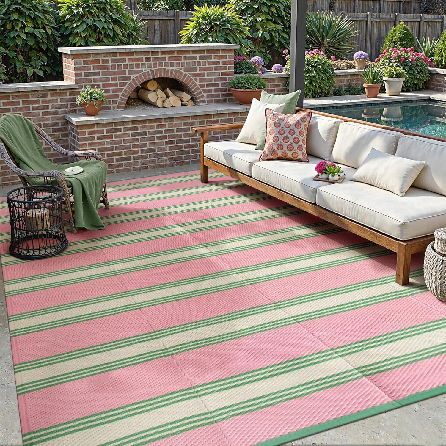 Lahome Striped Outdoor Rug 8x10 Patio Waterproof, Reversible Outdoor Plastic Straw Rug for Camping, RV Patio Rugs Outside Large Carpet for Porch Deck Backyard Picnic(Pink/Green,8'x 10')