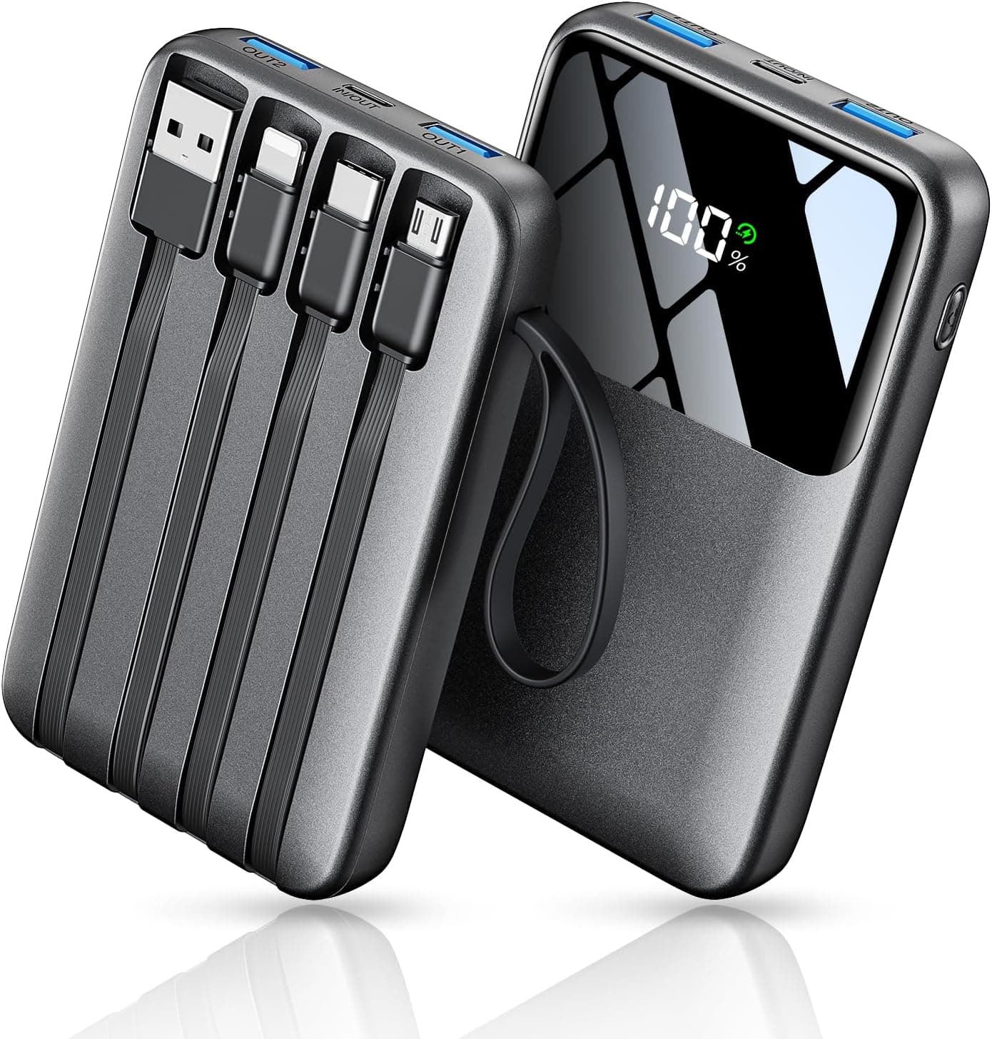 Power Bank Fast Charging, 27000mAh Portable Charger with Built-in 4 Cables (iOS/Micro USB/USB-C&A), 22.5W LED Display Powerbank