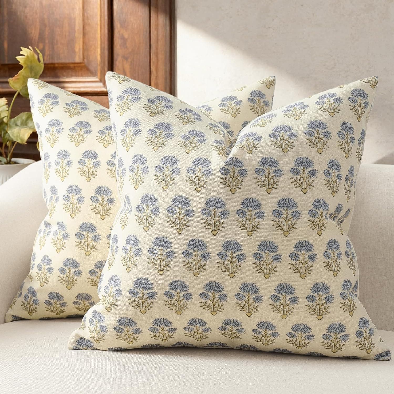 Farmhouse Floral Pillow Covers 16x16 Set of 2, Country Botanical Throw Pillow Cover for Sofa Couch Bed Living Room, Rustic Vintage Flower Cushion Covers Cottage Home Decor,Blue Mustard
