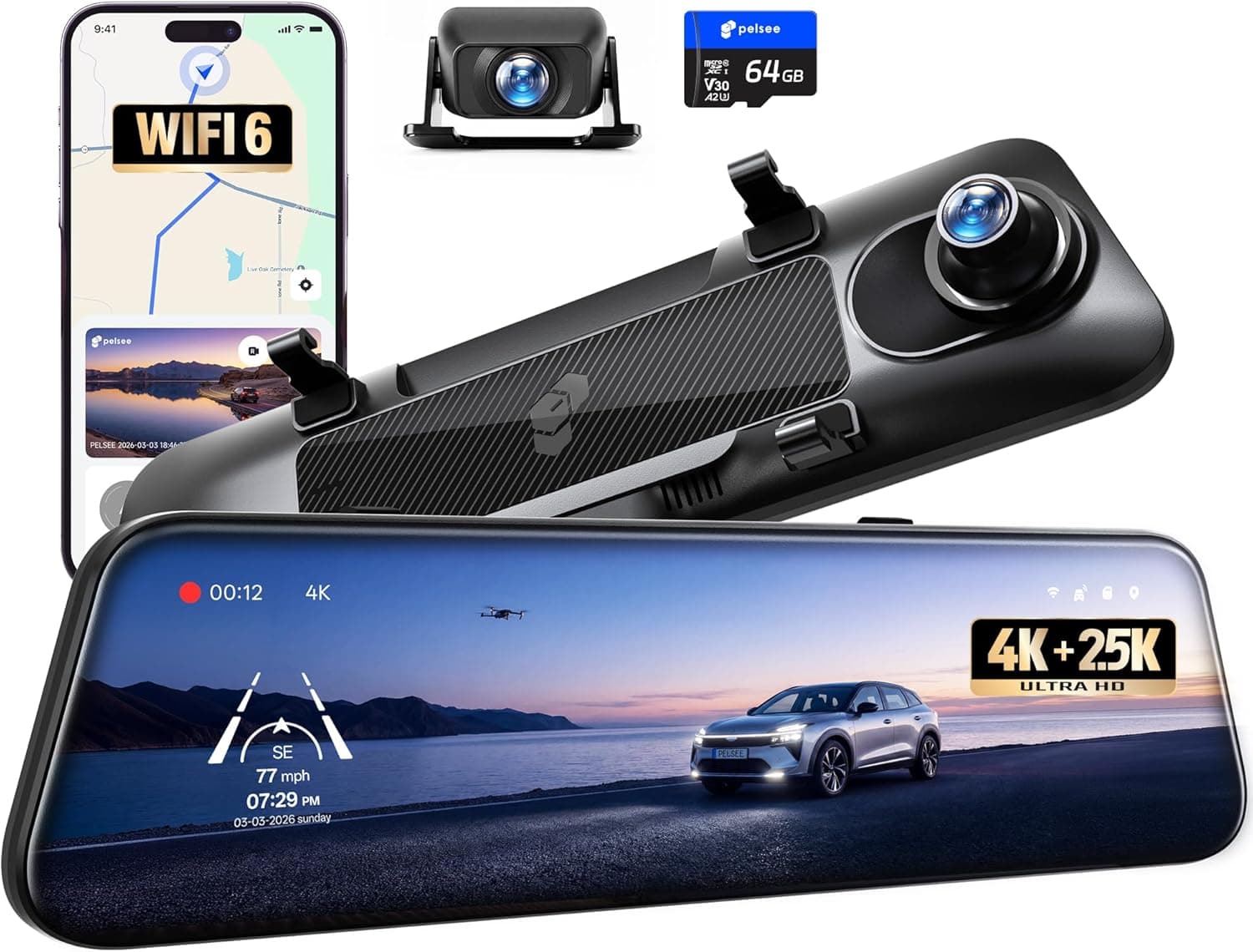 Pelsee S12 Native 4K +2.5K Mirror Dash Cam, WiFi 6 30MB/s Download, Rear View Mirror Camera Backup Camera for Car Truck SUV, Dual HDR