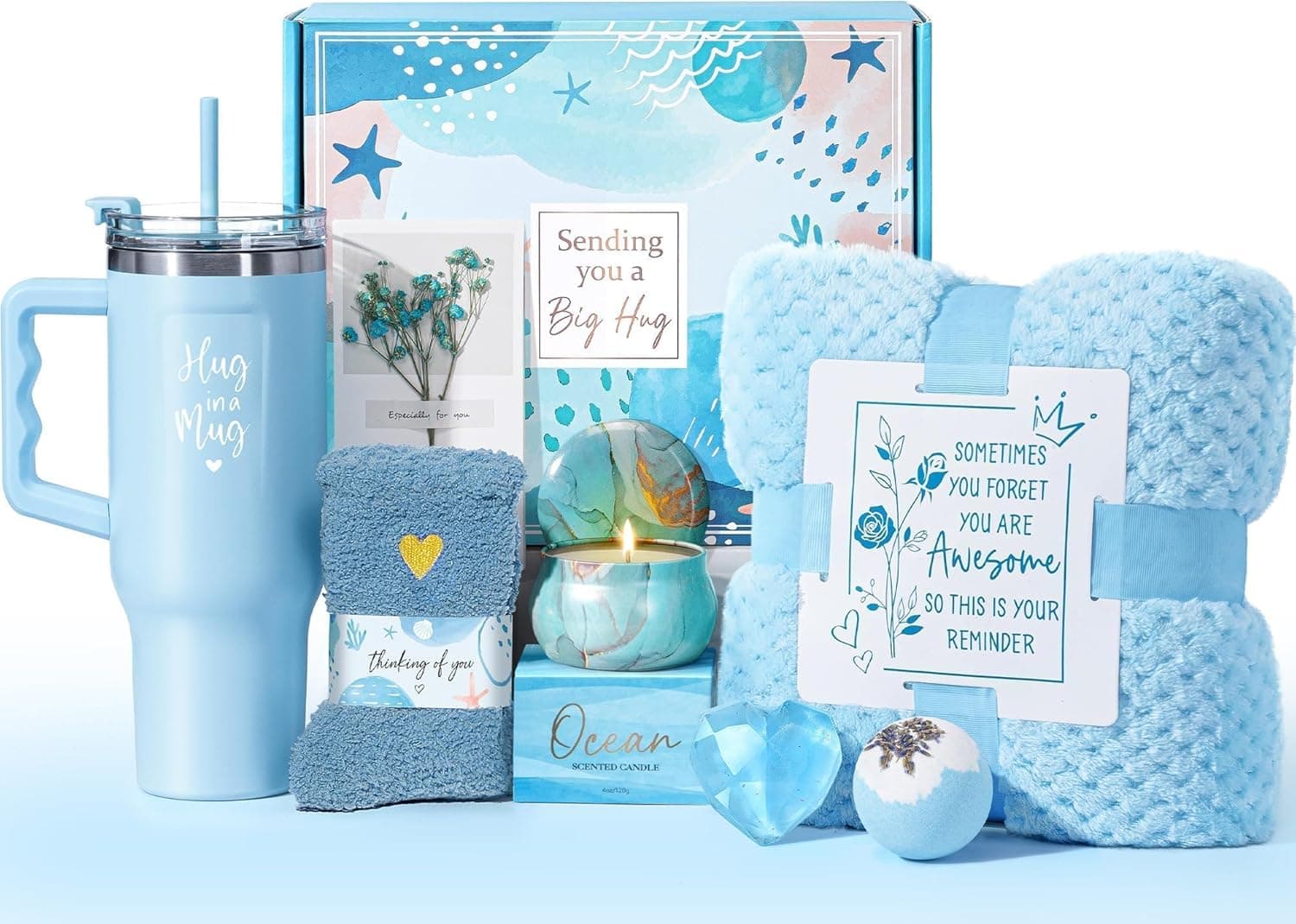 Birthday Gifts for Women Self Care Get Well Soon Gifts, Ocean Relaxing Spa Kit Bath Gift Basket Care Package w/ Flannel Blanket 40 OZ Tumbler, Mother's Day Gift for Mom Her Wife Girlfriend Sister