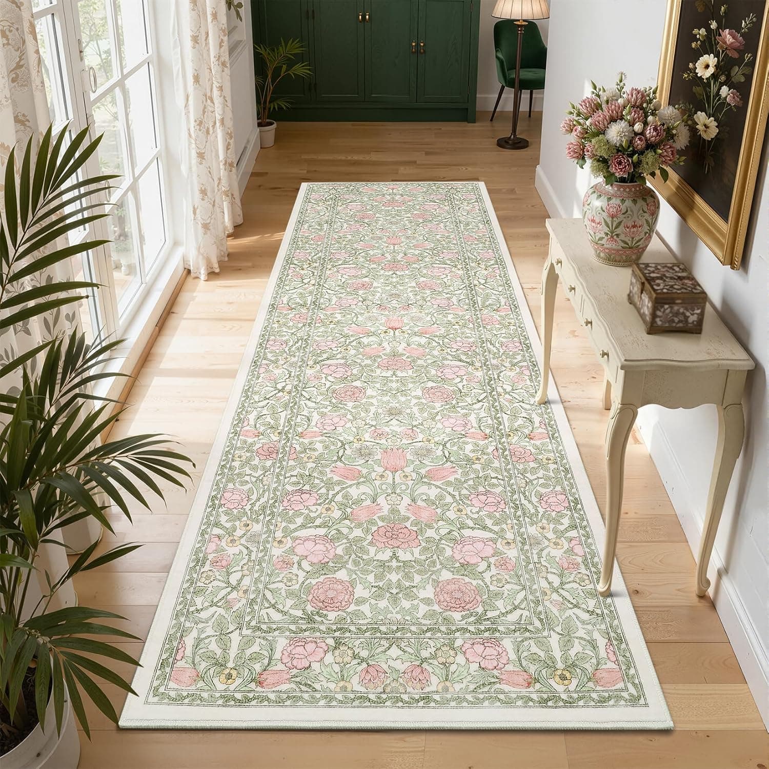 Pink and Green Vintage Floral 2x6 Runner Rug Washable Kitchen Rugs Non Slip Boho Long Rug for Hallways Bedroom Entryway Bathroom Mat with Rubber Back Beige