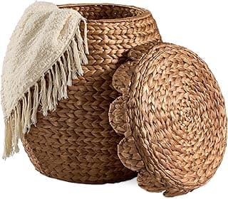 Scalloped Multipurpose Hyacinth Storage Basket, Plant Décor, Handwoven Organizer Tote for Bedroom, Living Room, Nursey, w/Lid
