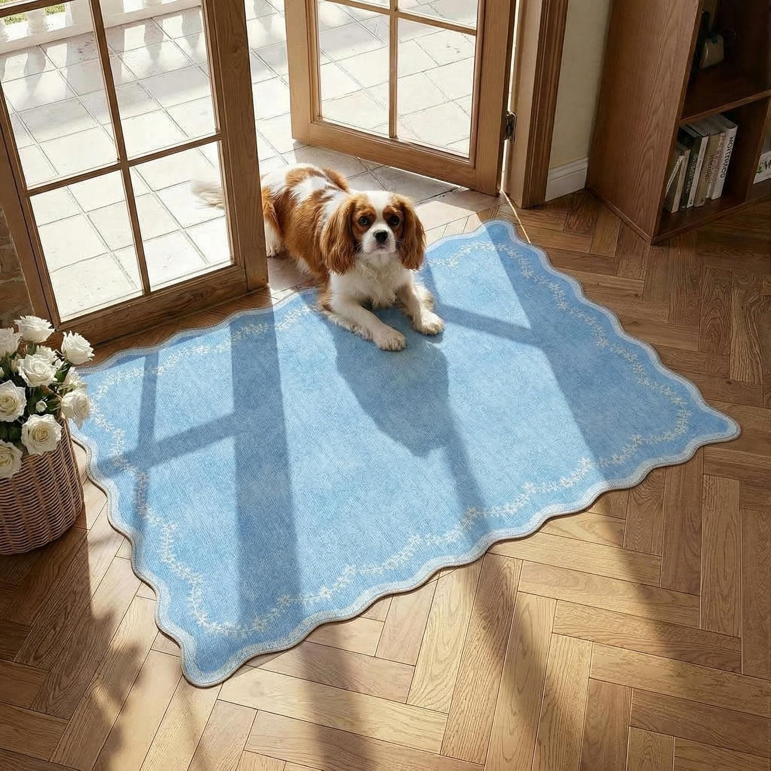 Scalloped Entryway Rug, 2x3 Solid Blue Washable Front Door Rug Indoor Entrance Floral Carpet Non-Slip Low Pile Throw Rugs for Kitchen Floor, Powder Room, Entry, Bathroom, Kids Room