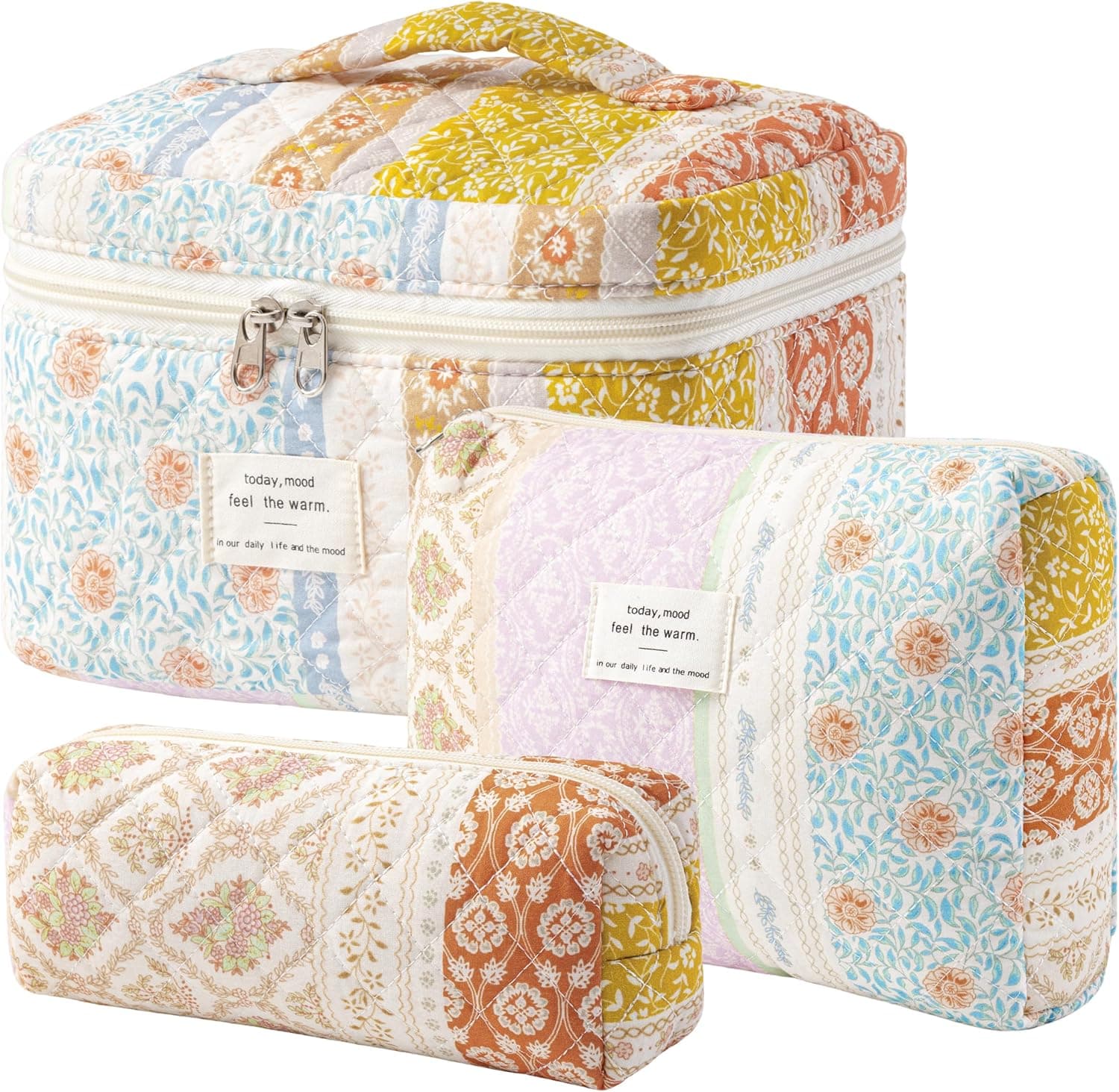 HBselect Quilted Makeup Bag, 3PCS Cotton Large Travel Makeup Bag, Cute Floral Coquette Make up Bag Cosmetic Bag Toiletry Bag for Women Girls