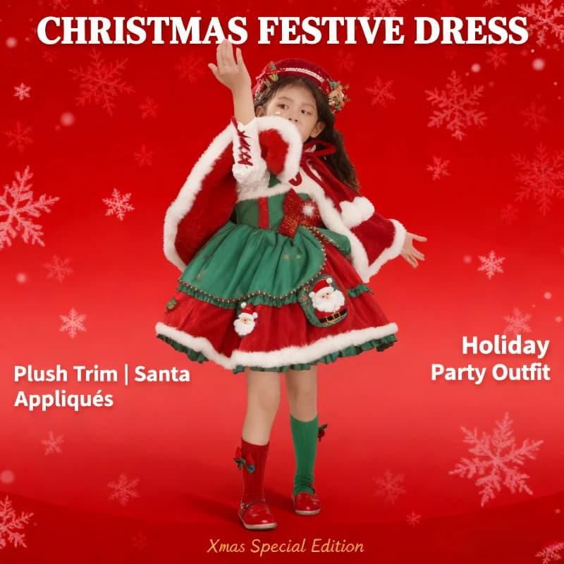 Christmas Girls Lolita Princess Dress Lace Party Bow Decoration Red Costumes Ruffled Tutu Skirt Layered Dress Festival Gift