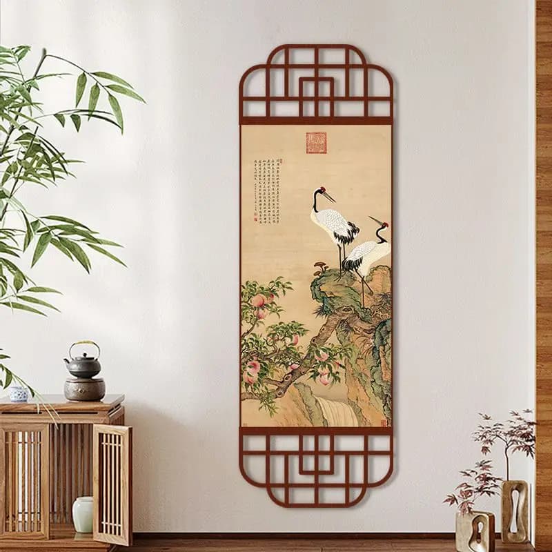 Pine Plum Crane Tapestry Wall Hanging, Vertical Scroll Chinese Ink Canvas Art for Living Room Dining Study Corridor House Decor