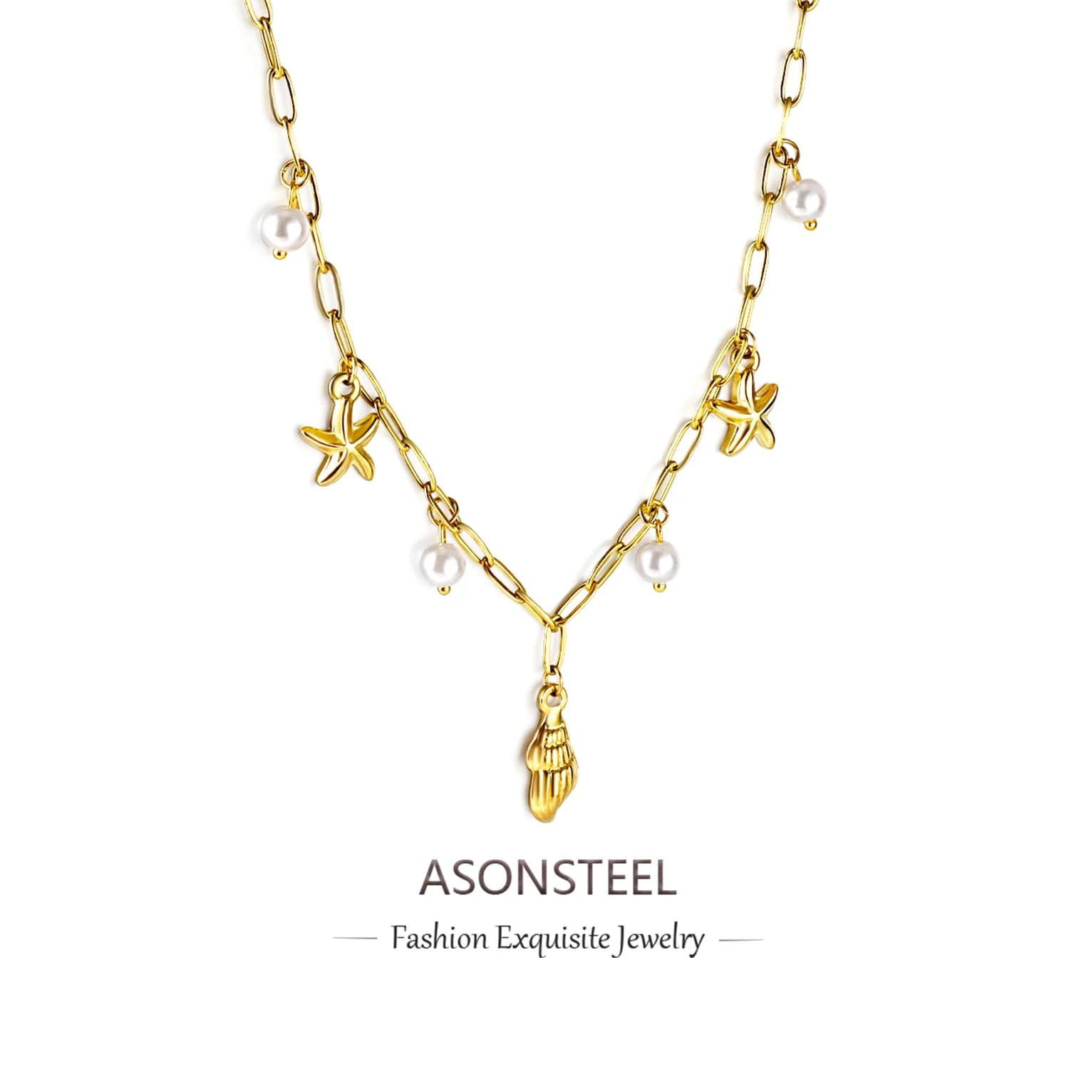 ASONSTEEL Stainless Steel Blue Fishtail Shell Imitation Pearl Starfish Accessories Pendant Necklace Beach Girl Aesthetic Jewelry