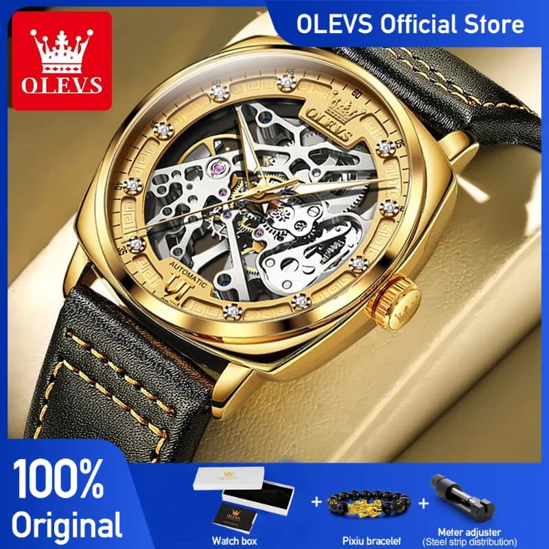 OLEVS Men's Watches Top Brand Hollow Out Automatic Mechanical Wristwatch Waterproof Luminous Leather Strap Watch for Man Fashion