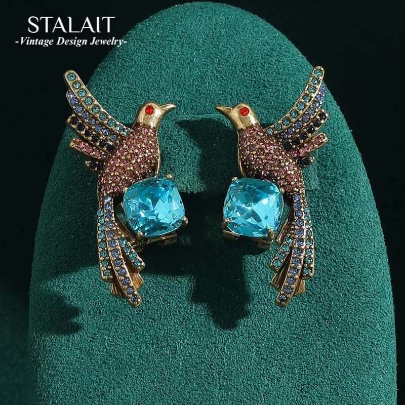 Vintage Blue Crystal Stud Earrings for Woman Rhinestones Phoenix Chinese Style Luxury High Quality Mother Jewelry Birthday Trend
