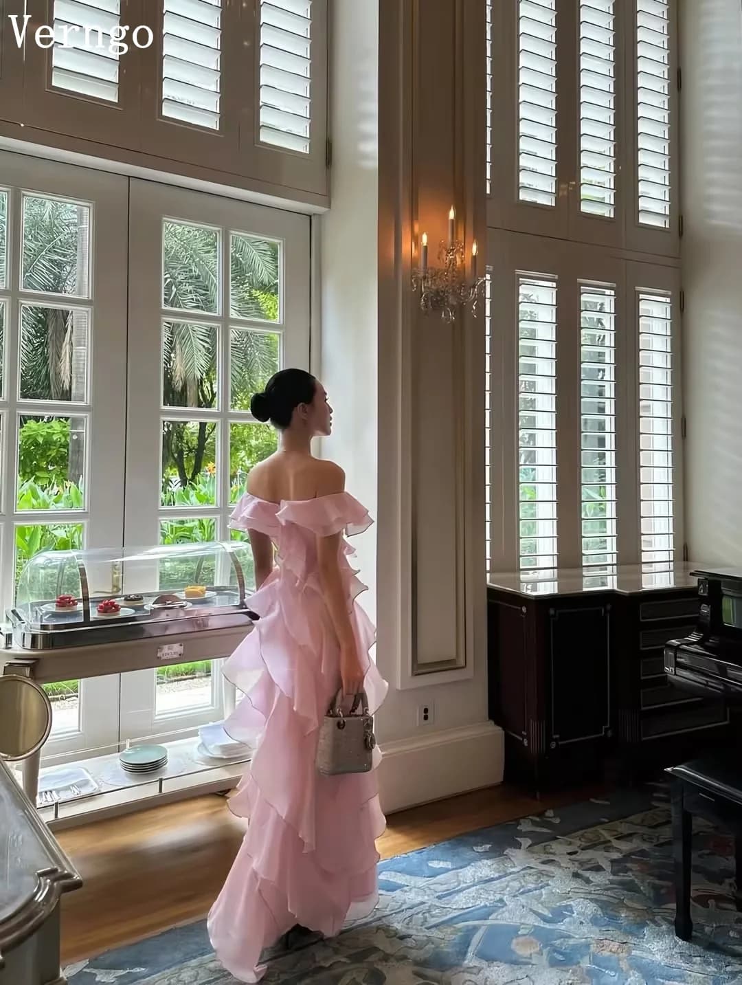 Verngo Pink Chiffon Evening Dress Off The Shoulder Tiered A Line Prom Dresses Modern Holiday Party Gowns 2026 Customized