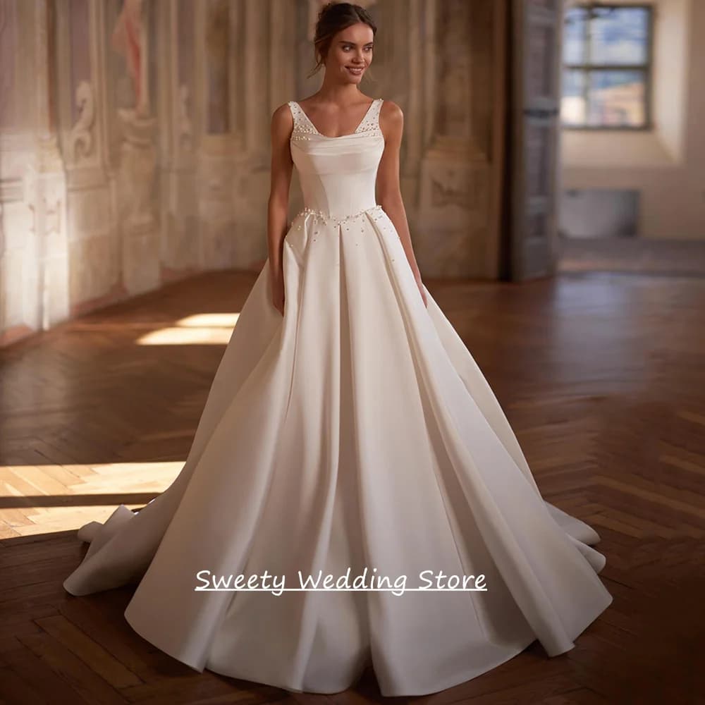 Bride Wedding Dresses for Woman Customized V Neck Sleeveless Pleat Pearls Draped Skirt A Line Bridal Gown Vestido Noiva