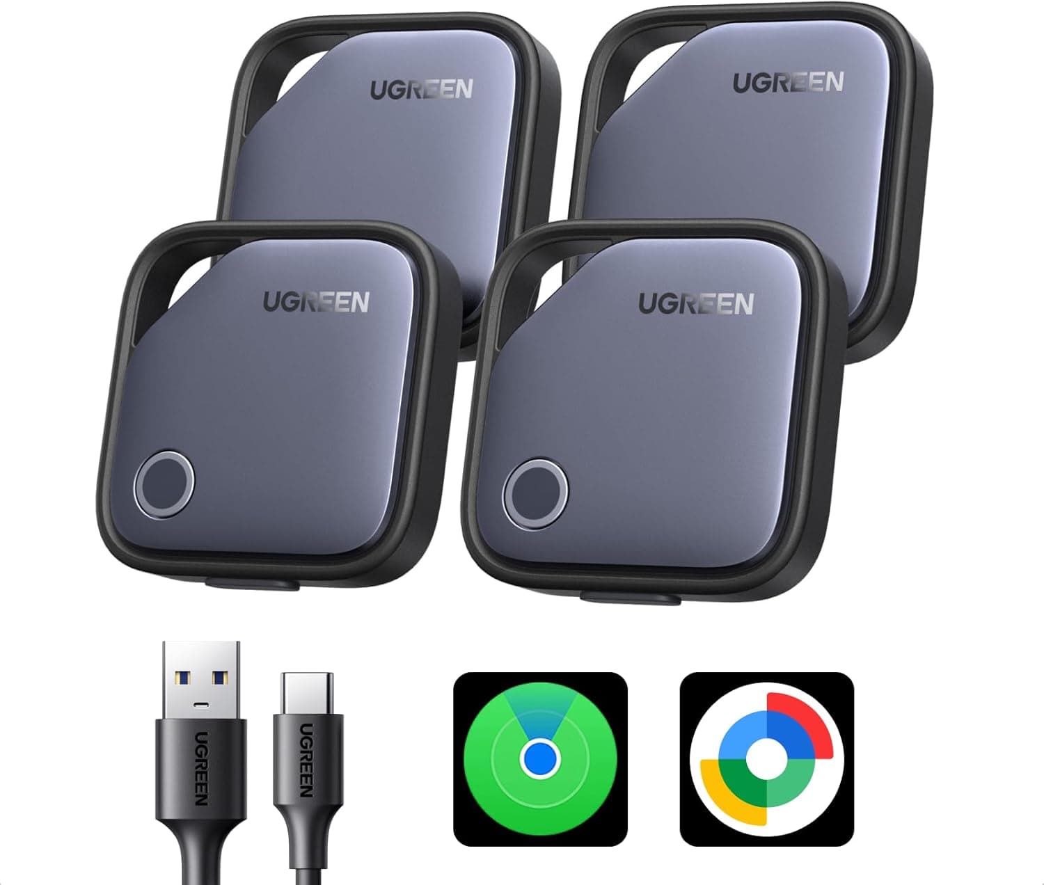 UGREEN FineTrack Duo (4 Pack) for iOS & Android, USB-C Rechargeable Tracker Compatible with Apple Find My and Google Find Hub, Keys Finder