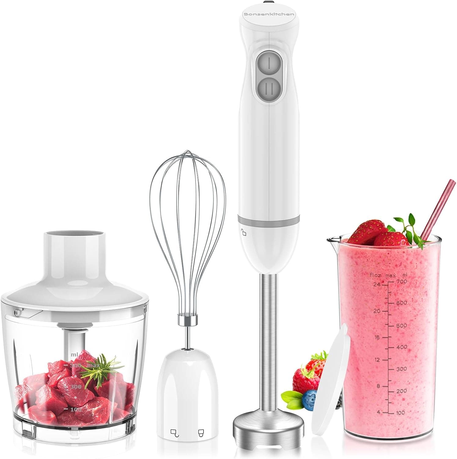 Bonsenkitchen Stainless Steel Hand Blender, 4-in-1 Stick Blender 1000W, 20 Speed Adjustable, with Whisk, 500ml Chopper and 700ml Measuring
