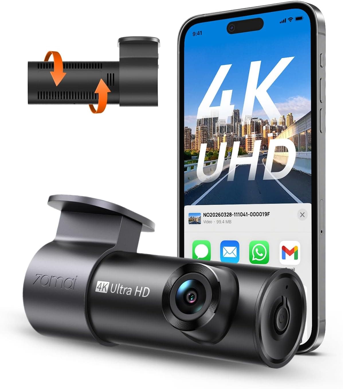 70mai Dash Cam M310 Plus 4K, 2160P Mini Wi-Fi Car Camera, 4K Dash Cam for Parking Monitor, Night Vision, Voice Control, Time-Lapse, Wide