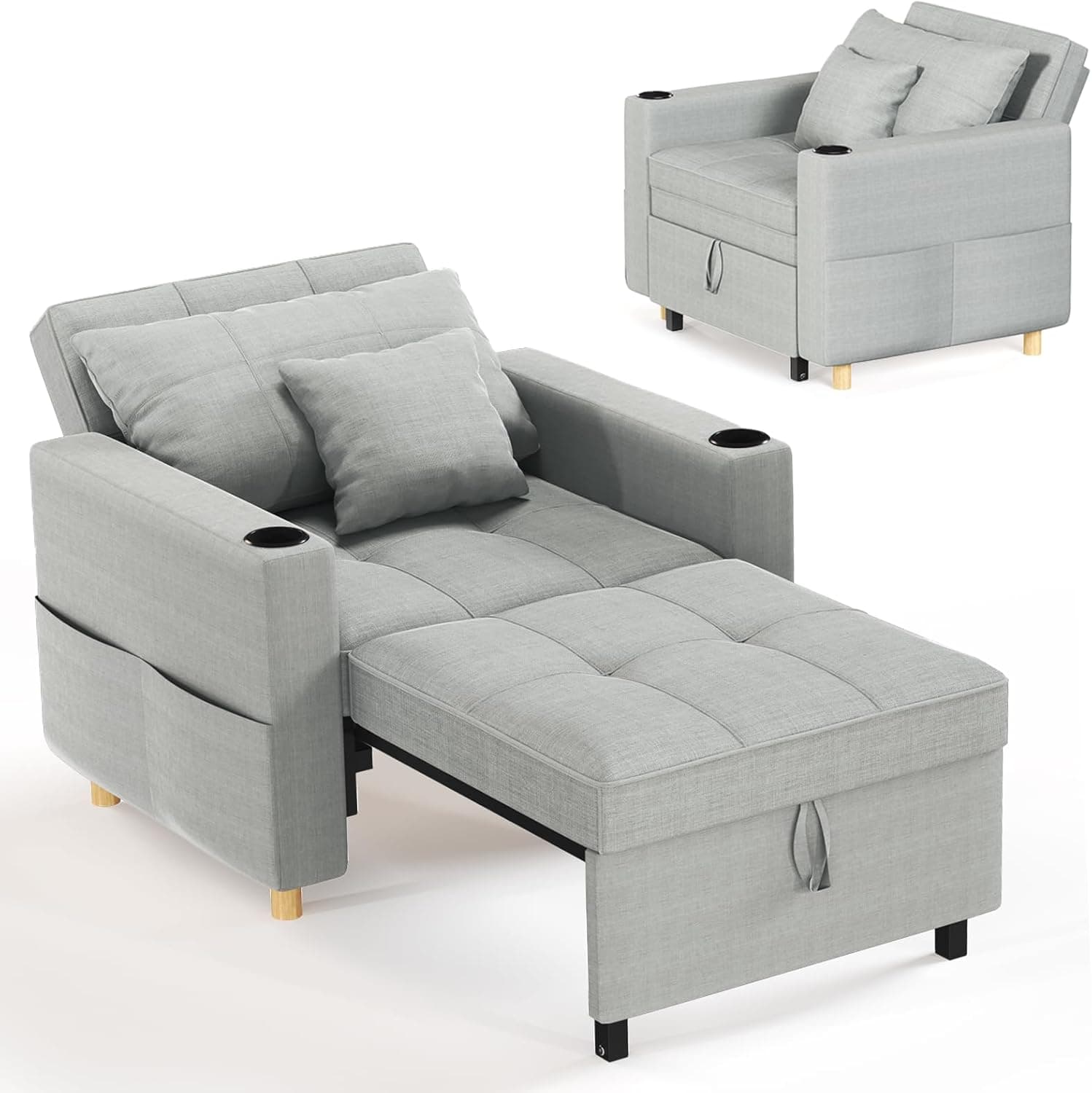 YODOLLA 3-in-1 Pull Out Sleeper Chair Bed 97cm Single Sofa Armchair,Grey | multi-position reclining backrest,practical side storage pocket