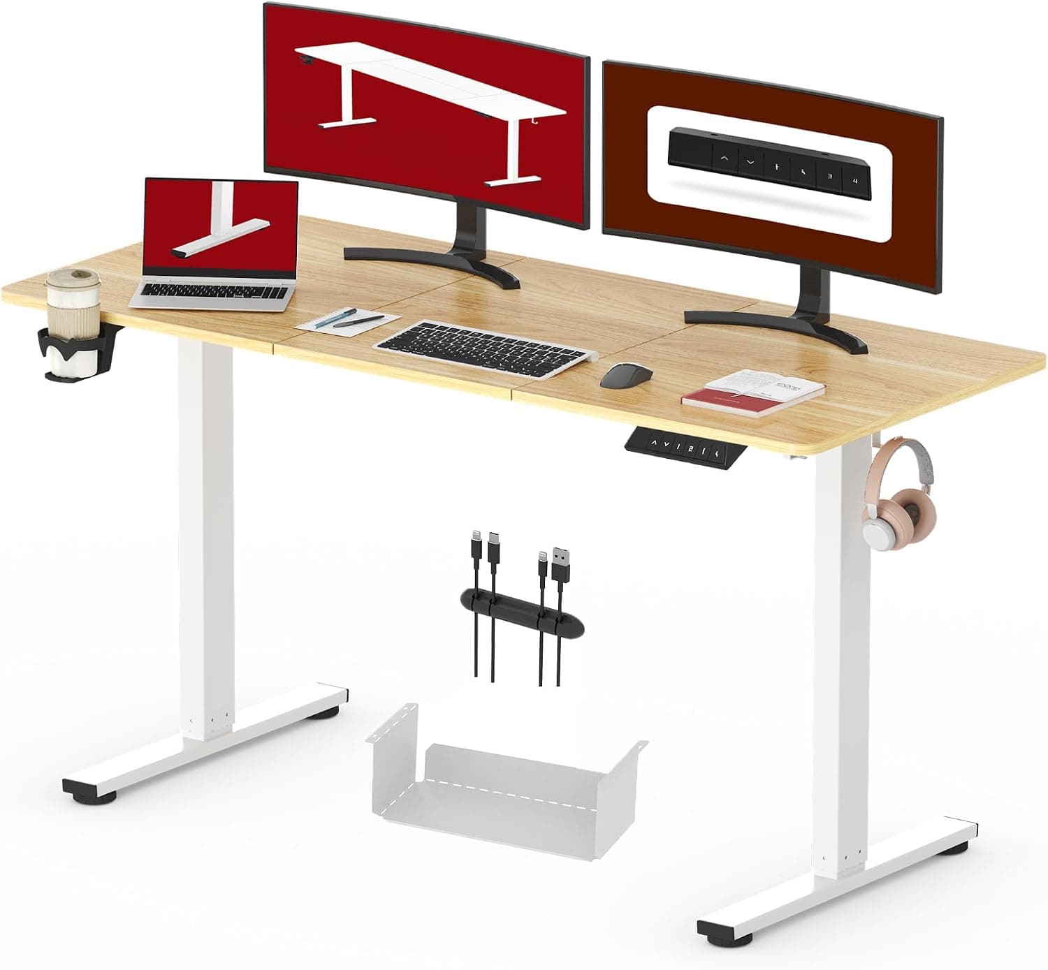 SANODESK 140 * 60 Electric Standing Desk Height Adjustable Desk with Cable Mangement Tray Sit Stand Table with 4 Memory Smart Pannel