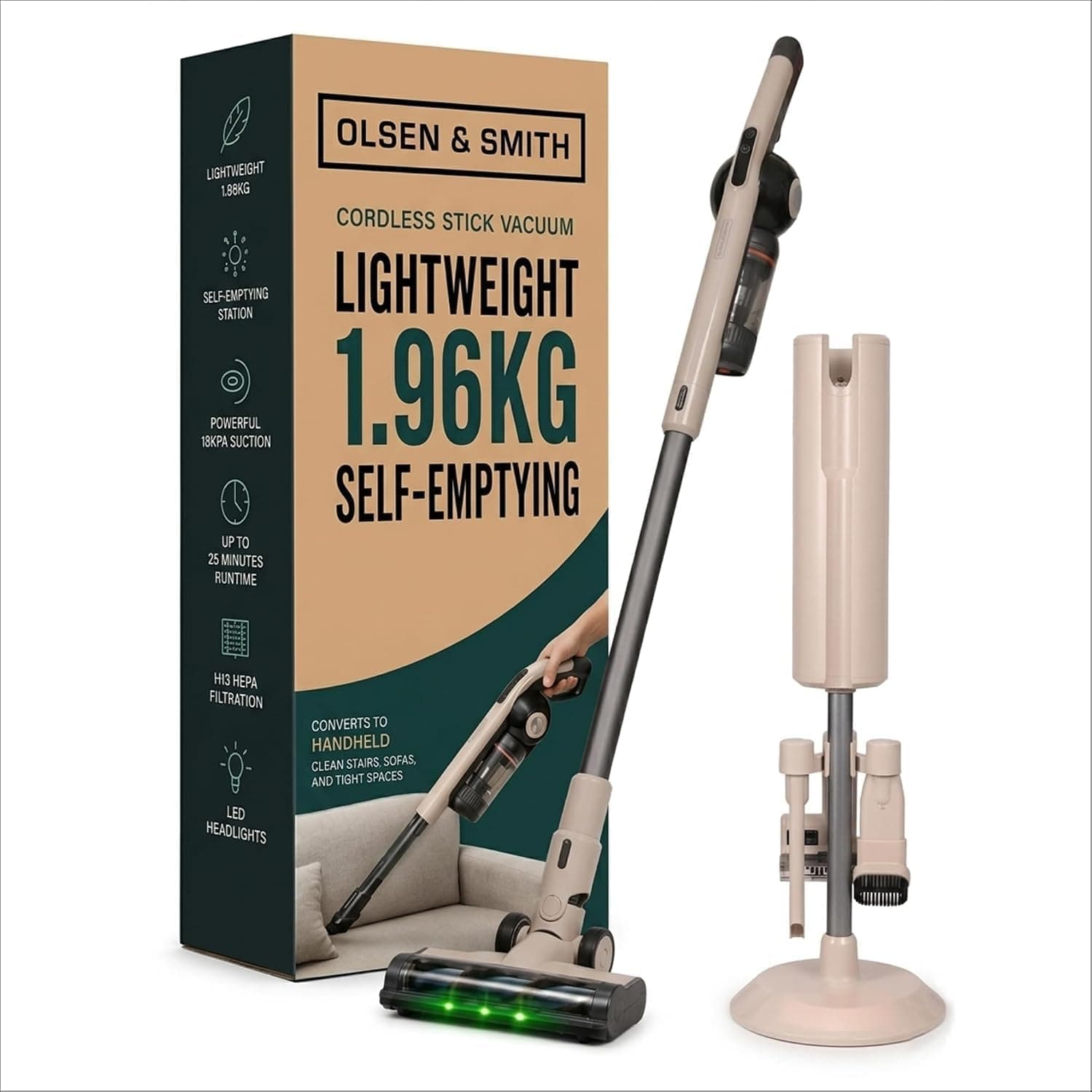 Olsen & Smith Self-Empty Cordless Vacuum Cleaner, 5.3kg Stick & Handheld | Lightweight Bagless Hoover, 18kPa Suction, 25min Runtime, H13