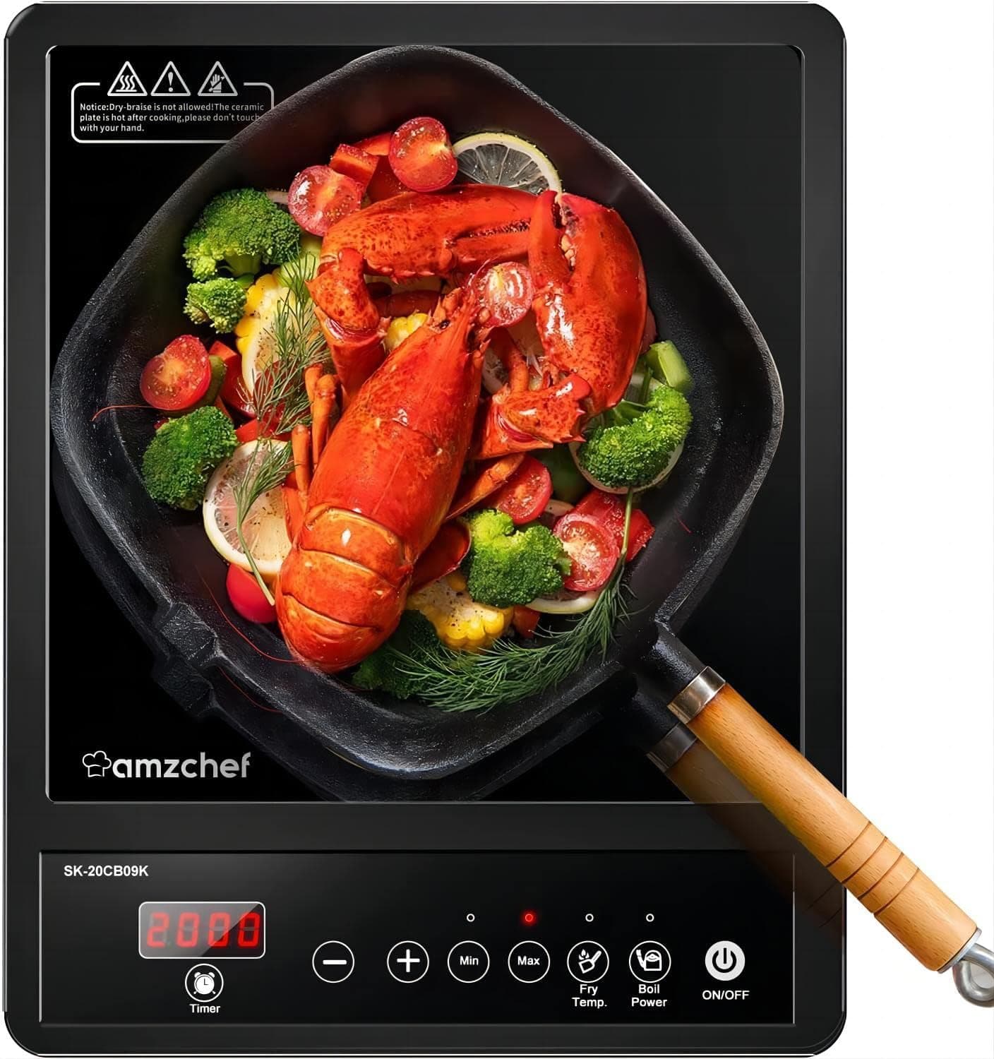 AMZCHEF Single Induction Hob, Portable Induction Hob, 10 Temperature Settings and Power levels from 300W to 2000W, Black Frosted Glass