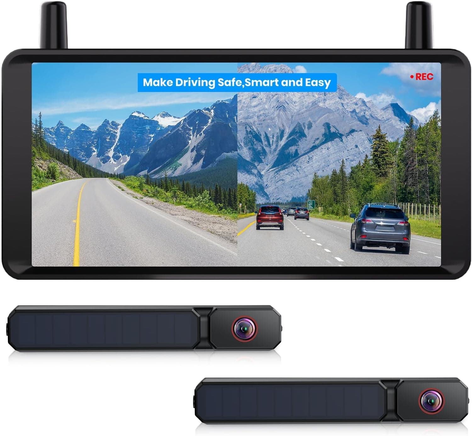 AUTO-VOX 2 Solar Wireless Reversing Camera Kit: 6'' 16:9 HD Monitor with Dual Antenna Strong Signal, Split Screen View for Balanced Dual