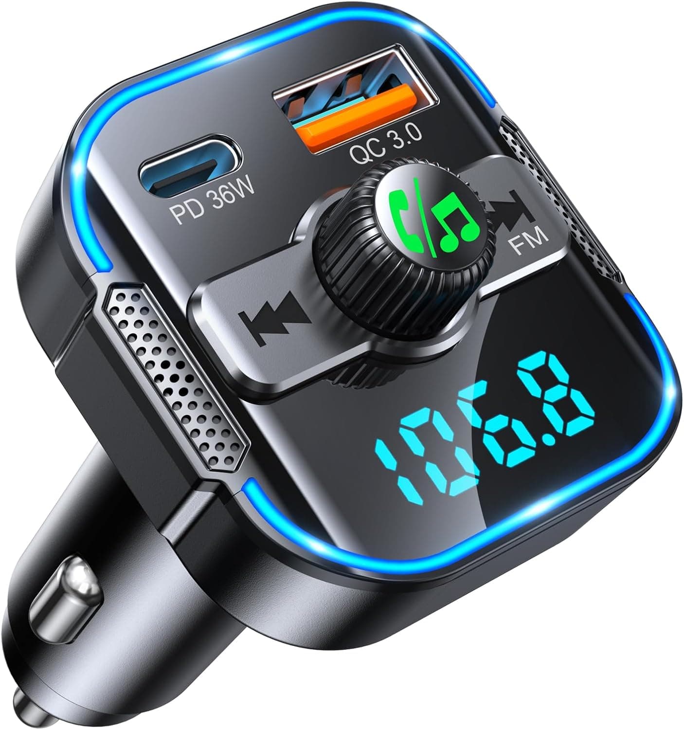 Glangeh 2026 Upgraded Bluetooth 5.3 Car Adapter【PD 36W+QC3.0 18W】, 2-in-1 Bluetooth FM Transmitter 【Dual Stronger Mics】& Fast Car Charger