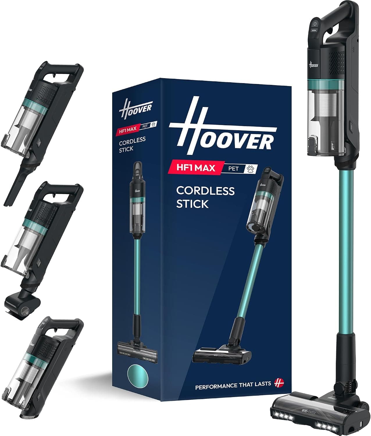 Hoover HF1 Max Cordless Vacuum Cleaner Anti Hair Wrap 200W, 50-min Runtime Rechargeable, 3 Speeds, Double Edge Cleaning, LED Headlight