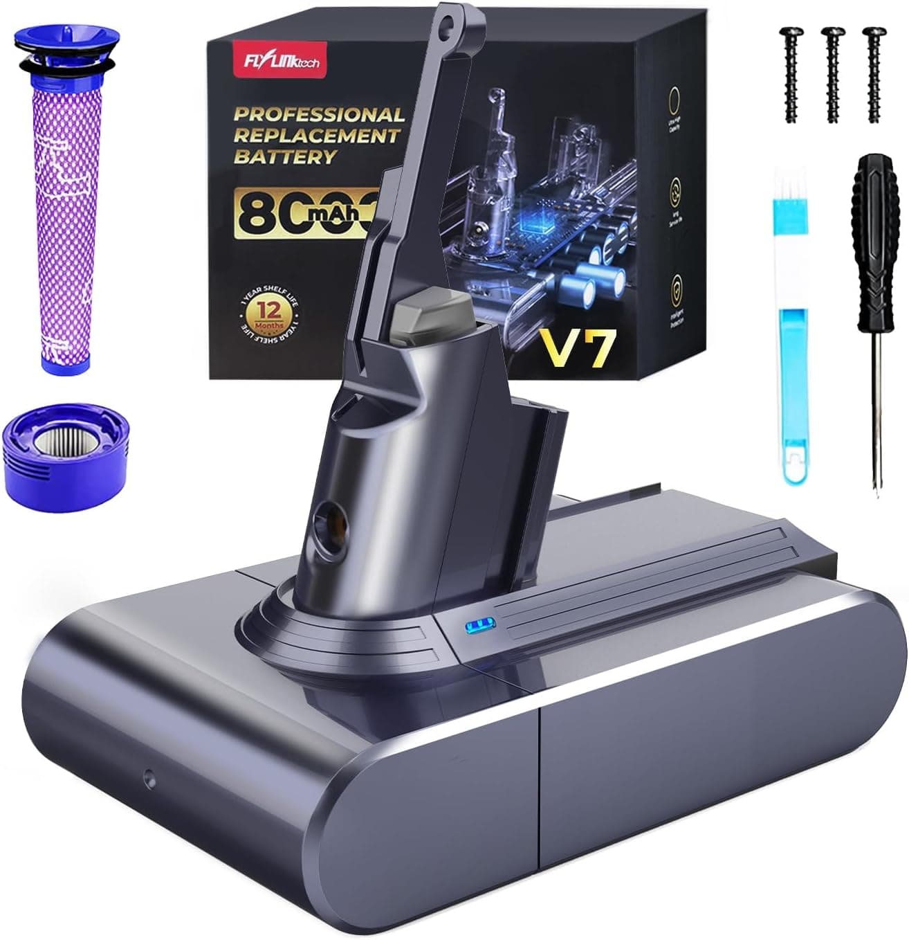 8000mAh Dyson V7 Battery Replacement, FLYLINKTECH Li-ion Battery for Dyson V7 SV11 Compatible with Animal Fluffy Trigger Motorhead and
