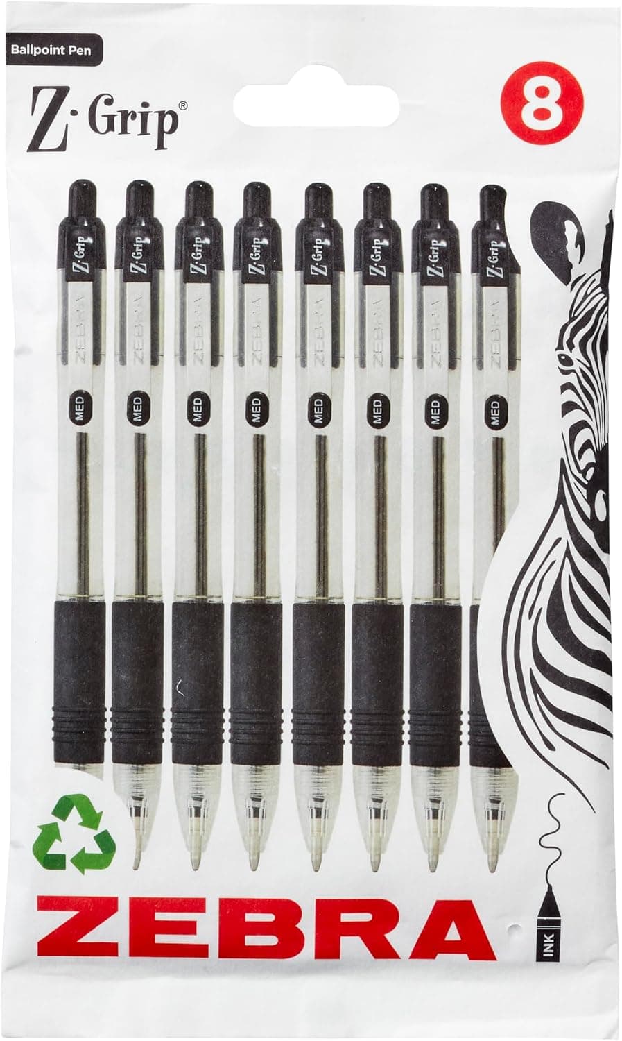 Zebra Pen Z Grip Black Ballpoint Pens with Pocket Clip 8pk, Retractable Black Ink Ballpoint Pens, Reliable Black Biro Pens Multipack for