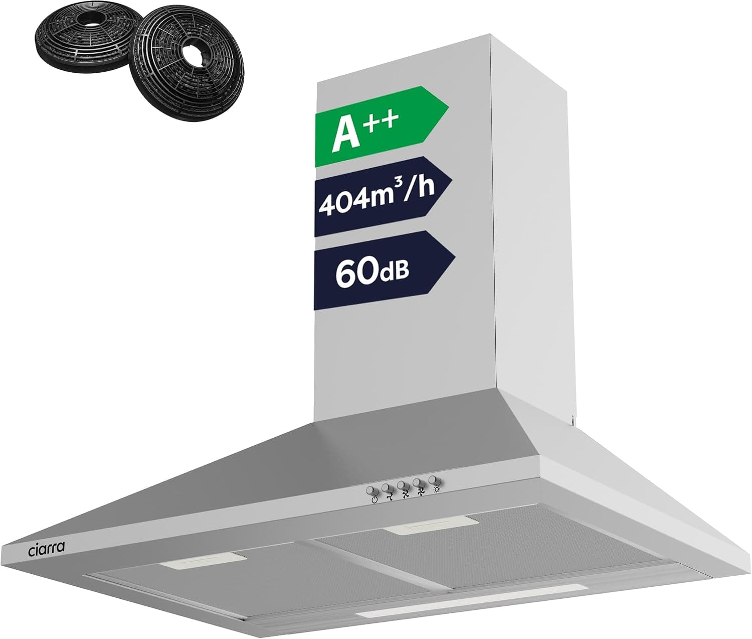 CIARRA 60cm Stainless Steel Cooker Hood, A++ Energy Efficient Chimney Vent Hood with CBCF002X2 Carbon Filters Included, 60dB Low Noise