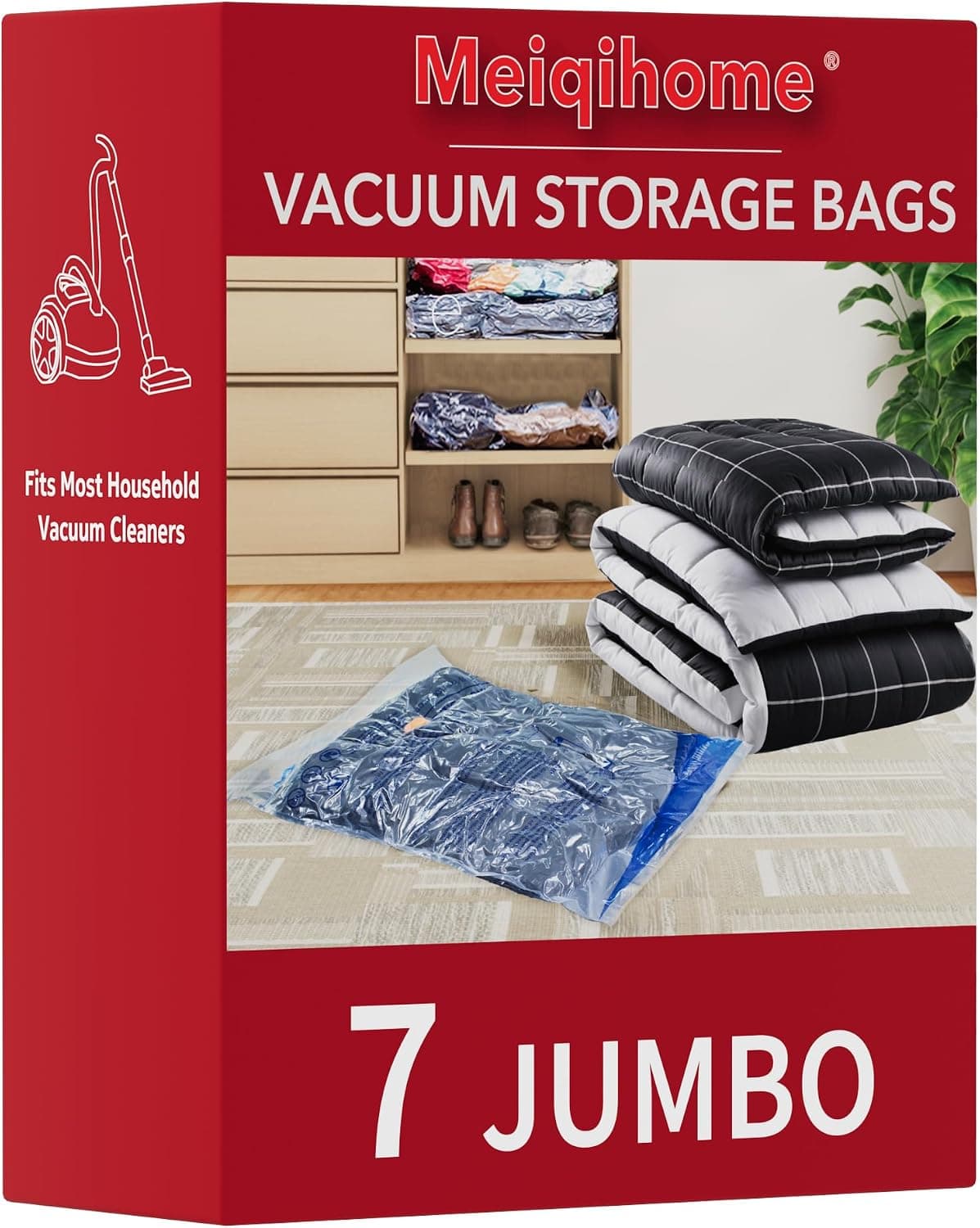 Vacuum Storage Bags 7 Jumbo, Space Saver Sealer Bags, Airtight Compression Bags for Clothes, Pillows, Comforters, Blankets, Bedding