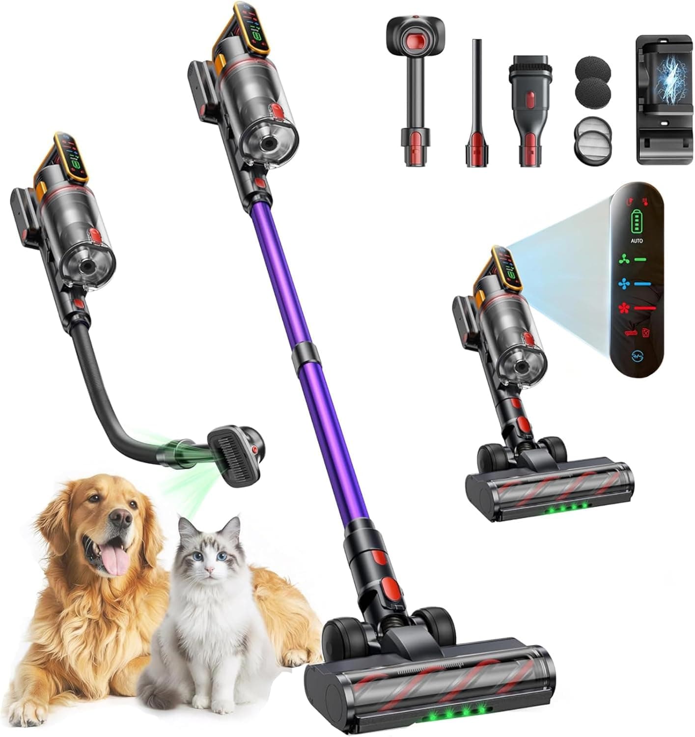 Cordless Vacuum Cleaner, 650W 55KPa Stick Vacuum with Touch Screen Auto Mode, 70 Mins Runtime Lightweight Home Vacuum Cleaner for Pet Hair