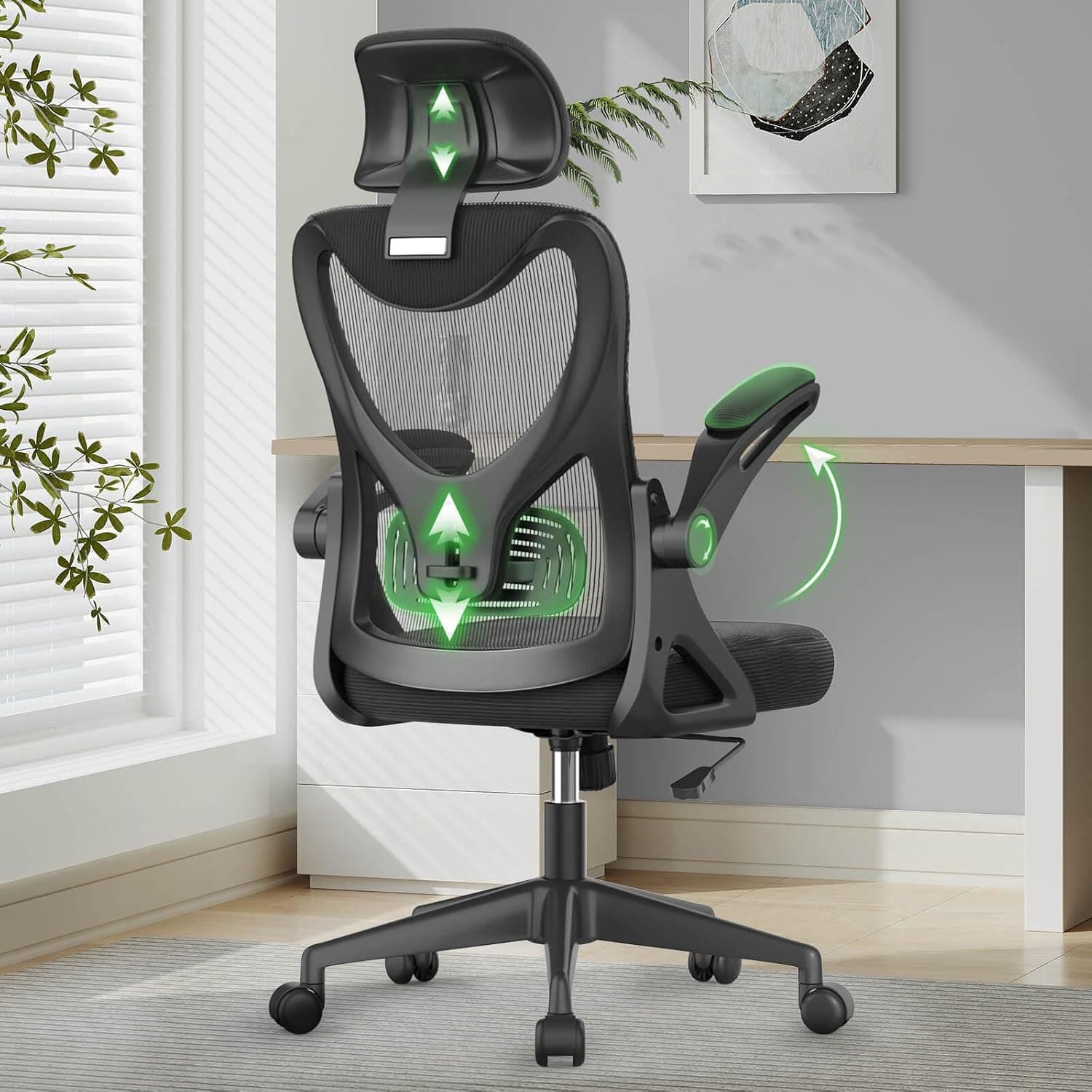 Office Chair - Ergonomic Desk Chair with Lumbar Support Headrest Adjustable, Padded Flip-up Armrests Comfy Seat Cushion High Back Executive