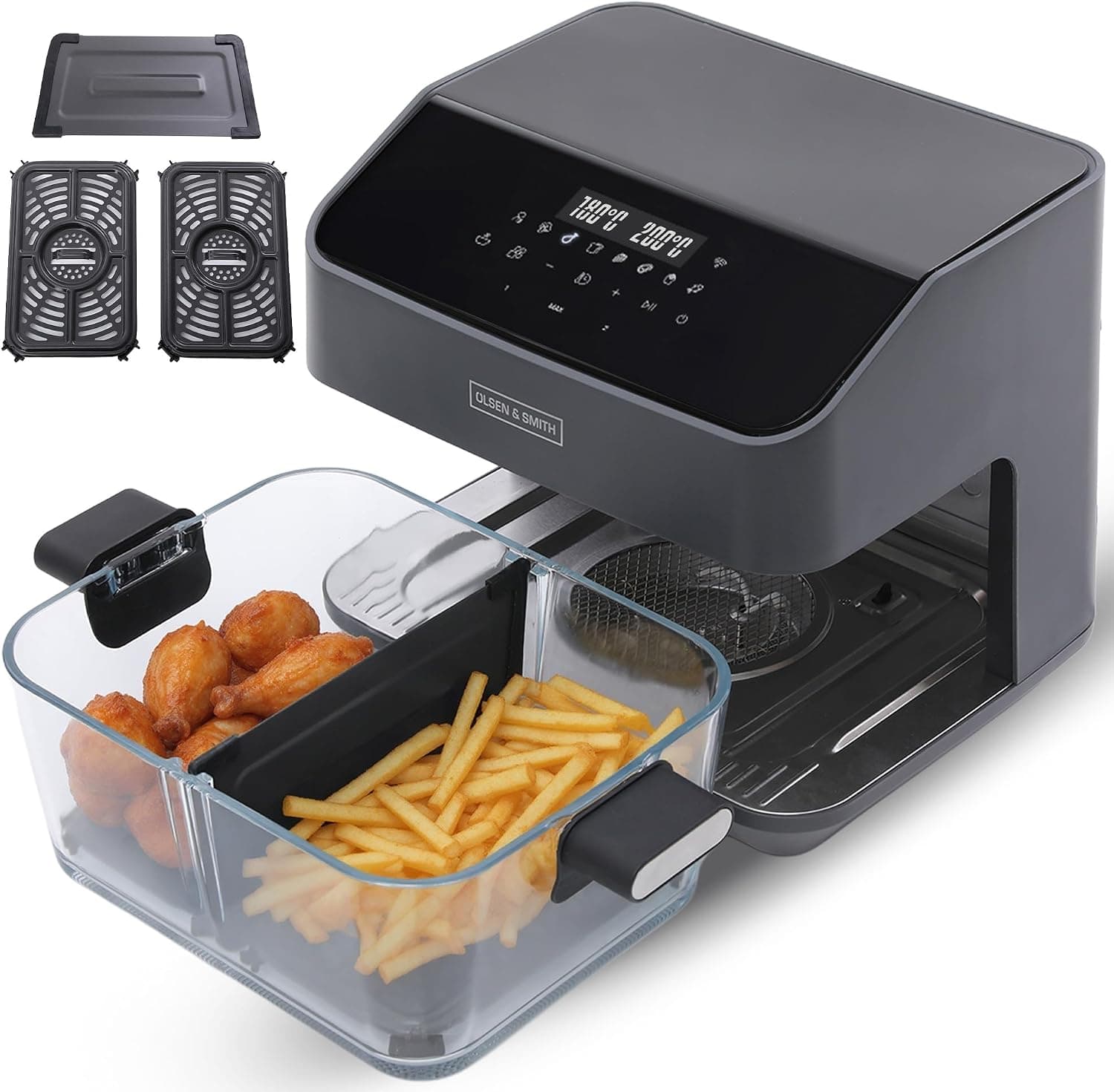 Olsen & Smith Smart 2200W 8L Dual Zone Air Fryer, WiFi & Glass Pot | WiFi Tuya App & Touch Control, Visible Cooking, Removable Divider