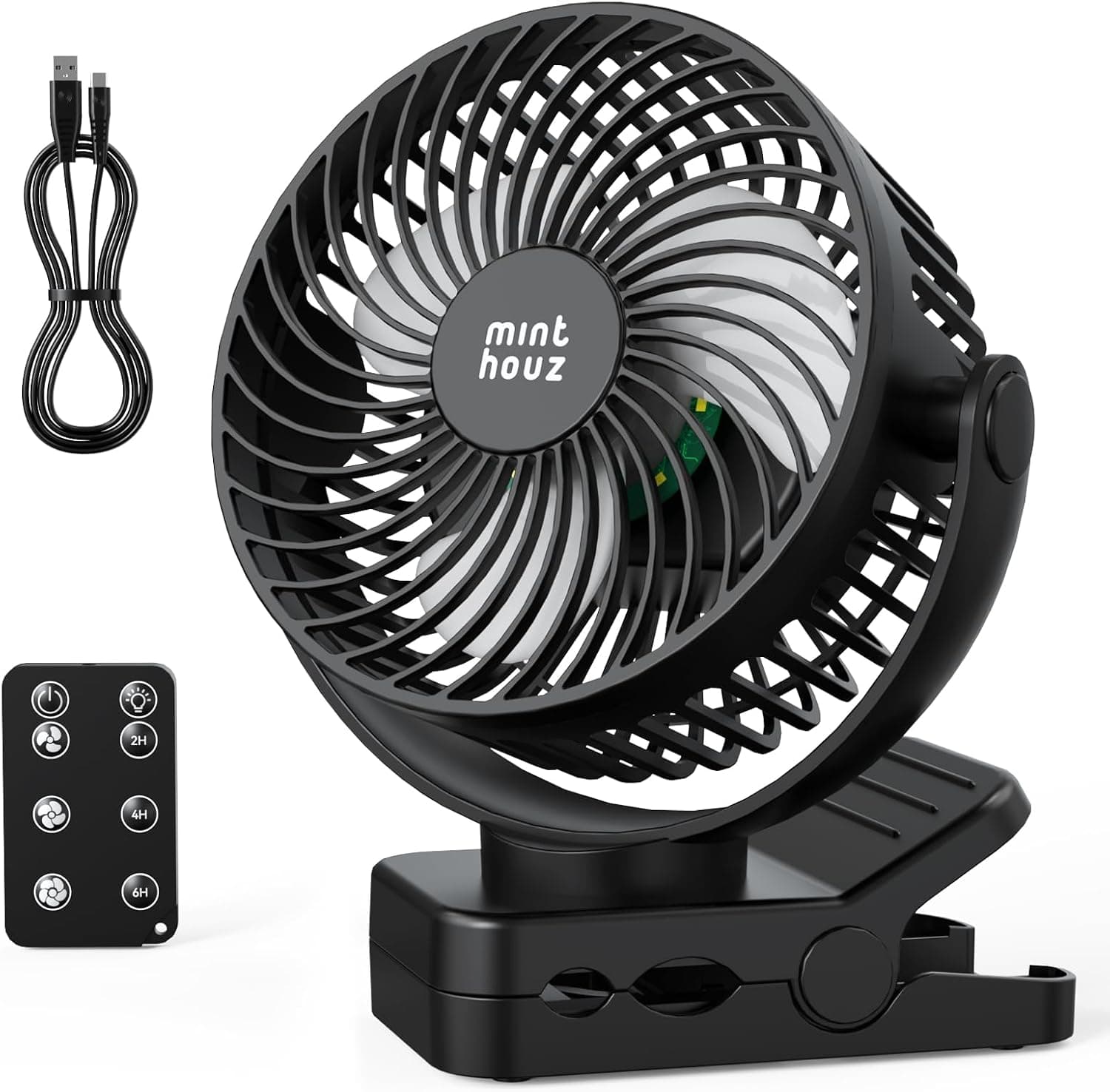 Minthouz 12000mAh Portable USB Fan, Rechargeable Clip On Fan with Remote, 45H Battery Life, Quiet Operation, 3 Speeds & Lights, 360°