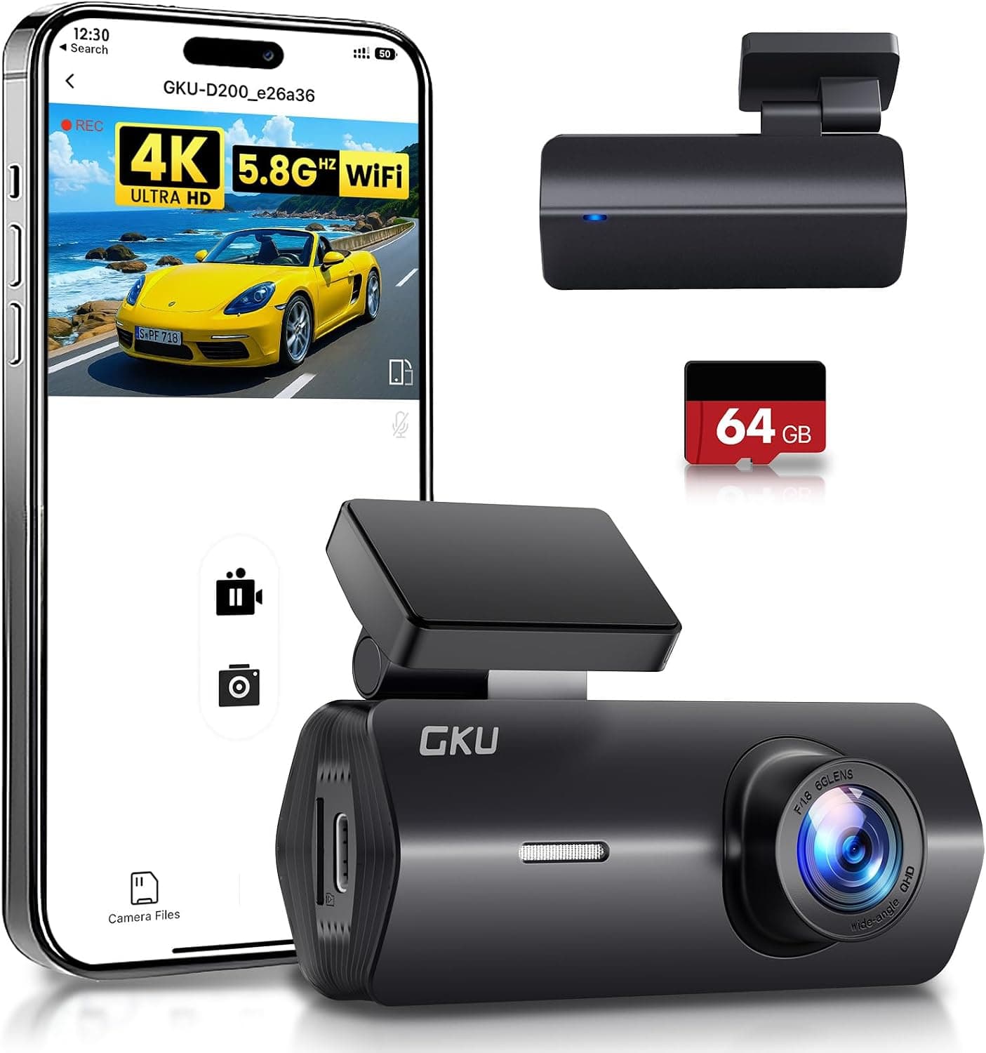 GKU 4K Dash Cam,Dash Cam Front with UHD 2160P, 5.8GHz WiFi DashCam,24H Parking Monitor,Night Vision,WDR,170° Wide Angle,Loop