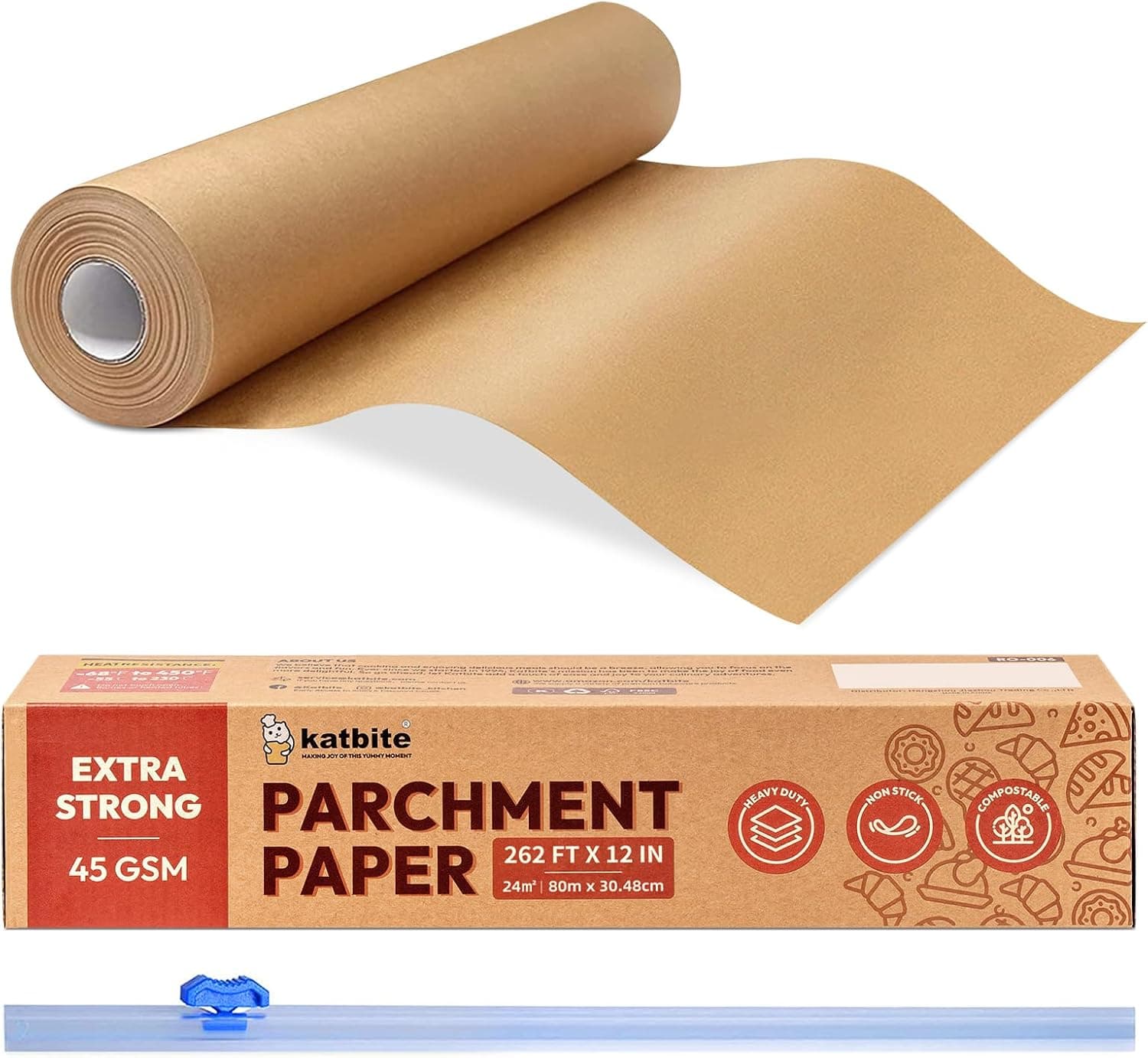 Katbite Baking Paper Roll Parchment Paper Unbleached 30 cm x 80 m | Non stick & heavy duty greaseproof baking paper roll for cooking meat