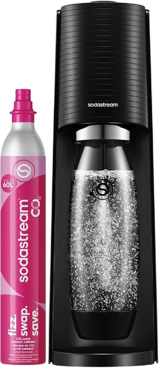SodaStream TERRA Sparkling Water Maker, Soda Stream Machine Starter Kit with 1 CO2 Quick Connect 60L Gas Cylinder and 1 Reusable BPA Free