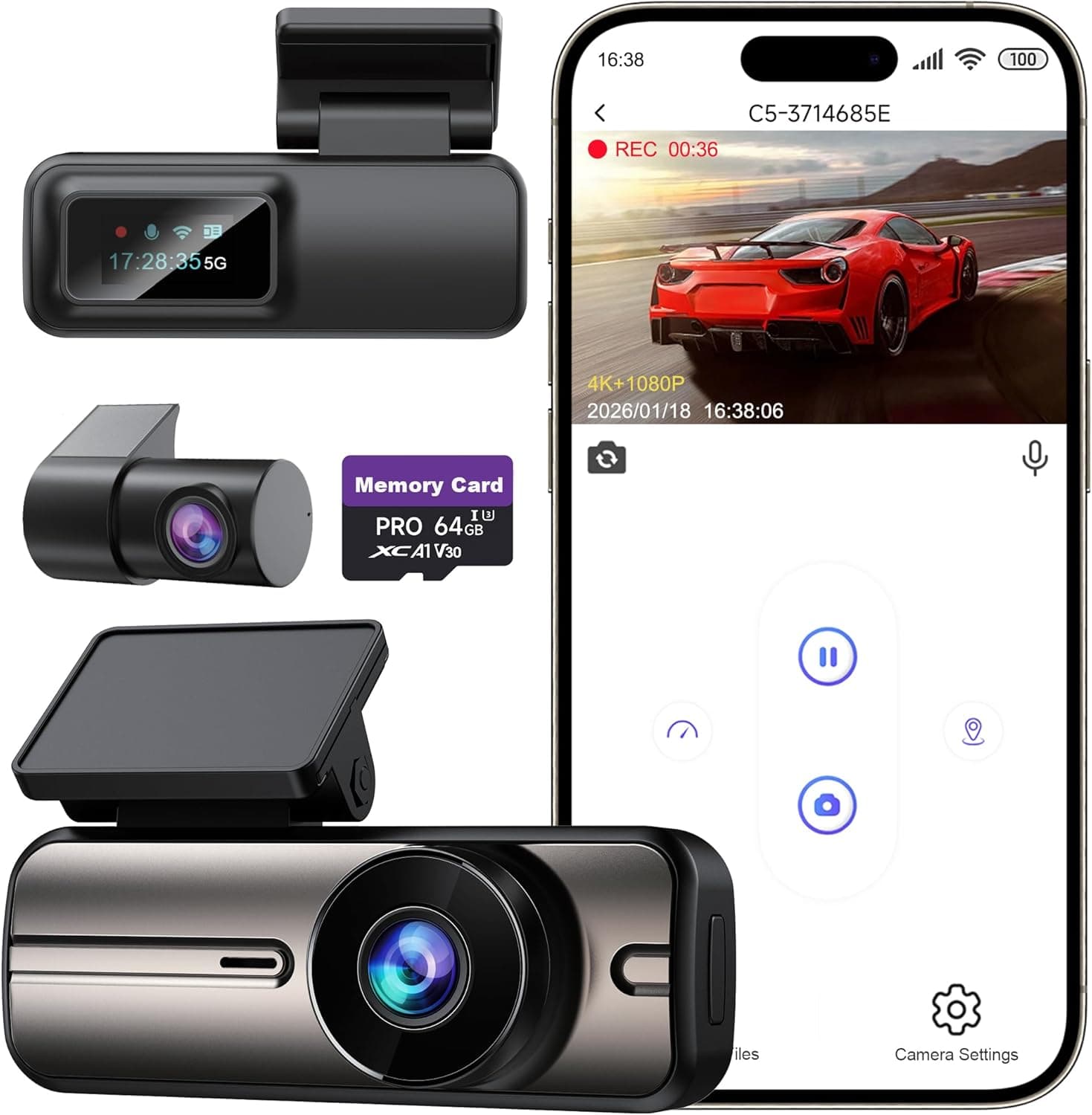 Dash Cam Front and Rear 4K+1080P, 5GHz WiFi, Dual Dashcam with 64GB Card, App Control, G-Sensor Emergency Recording, Loop Recording, 24H
