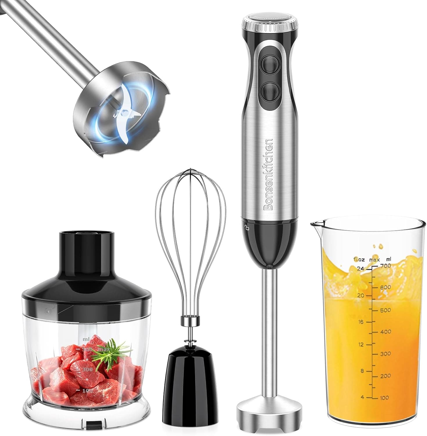 Bonsenkitchen 1000W 4-in-1 Hand Blender Set, Stainless Steel Stick Blender | 20-Speed & Turbo, Whisk, 500ml Chopper, 700ml Cup, BPA-Free, 4