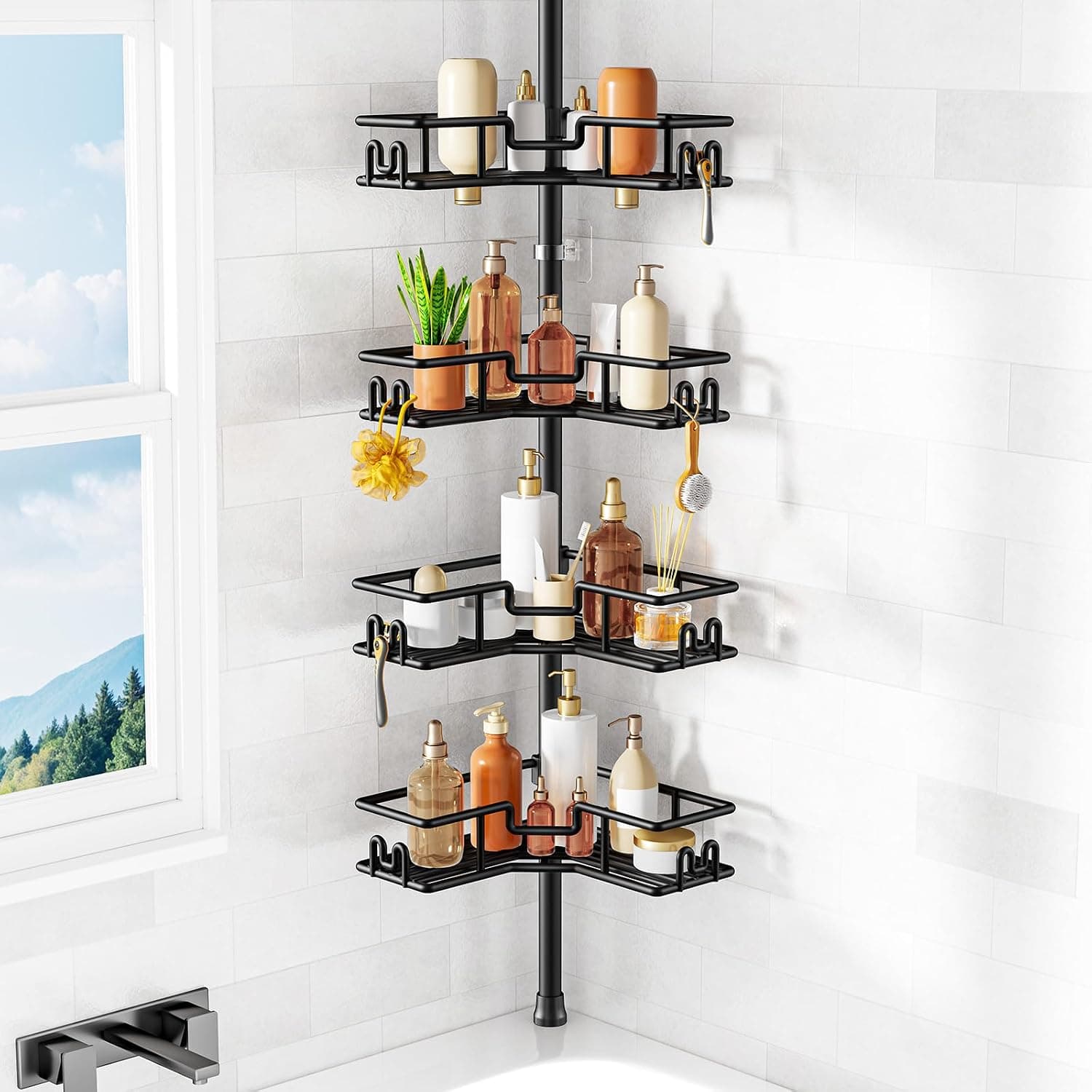 HAMITOR Shower Caddy Corner: 4-Tier No-Drill Rustproof Bathroom Accessories Storage Shelf with Soap Holder & Hooks, Adjustable Tension Pole