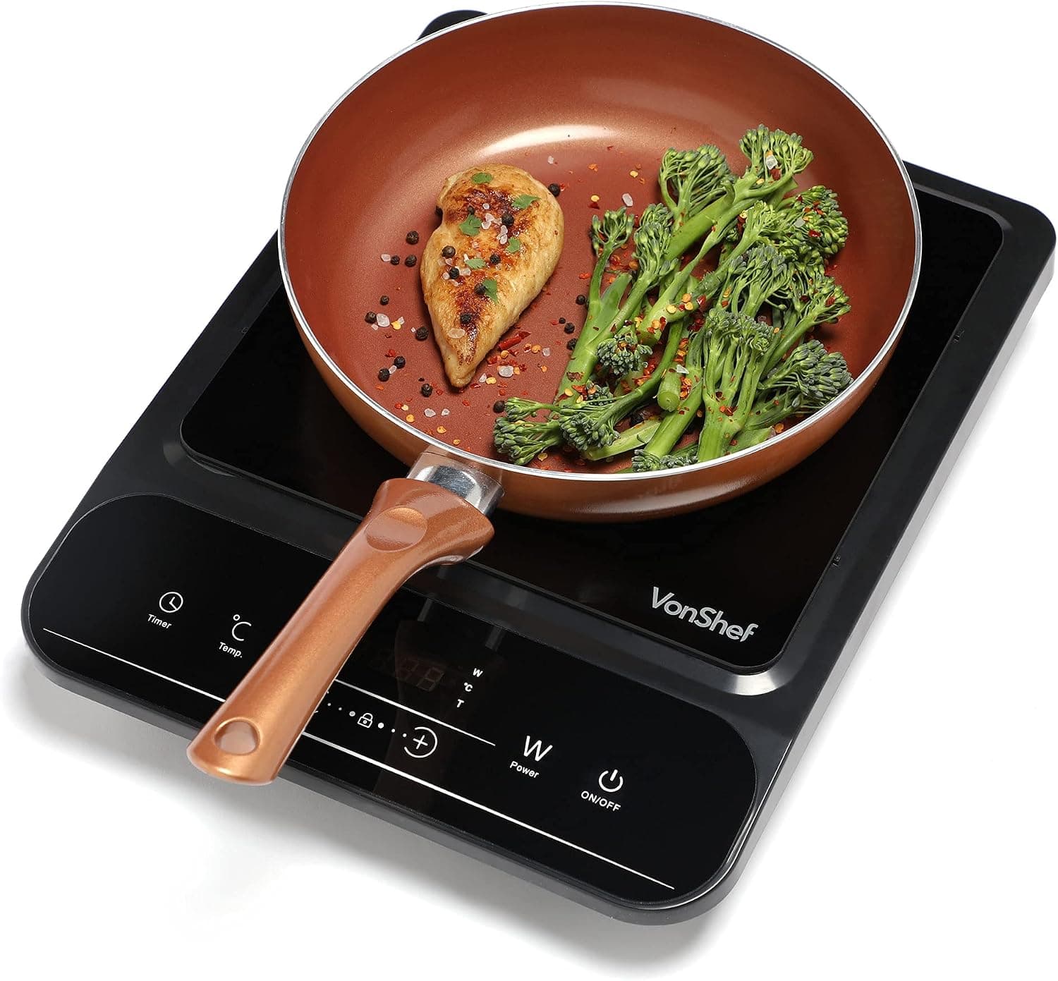 VonShef Single Induction Hob – 2000W Portable Induction Cooker w/LED Touch Display, 3 Hour Timer, 10 Heat Settings 60-240°C, Safety Lock