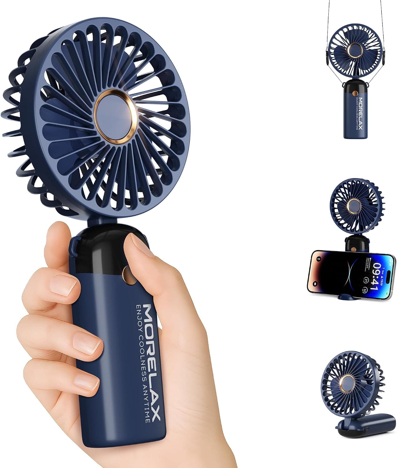 Morelax Hand Held Fan, Portable Handheld USB Rechargeable Mini Fan with 6 Speeds, 90° Foldable Desk Fan with LED Display, 4000mAh 5-in-1