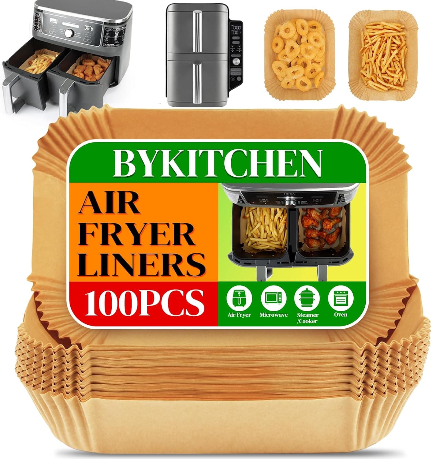 BYKITCHEN 100pcs Air Fryer Liners for Ninja Dual, Air Fryer AF300UK AF400UK Accessories, Disposable Parchment Paper Liner, Compatible with