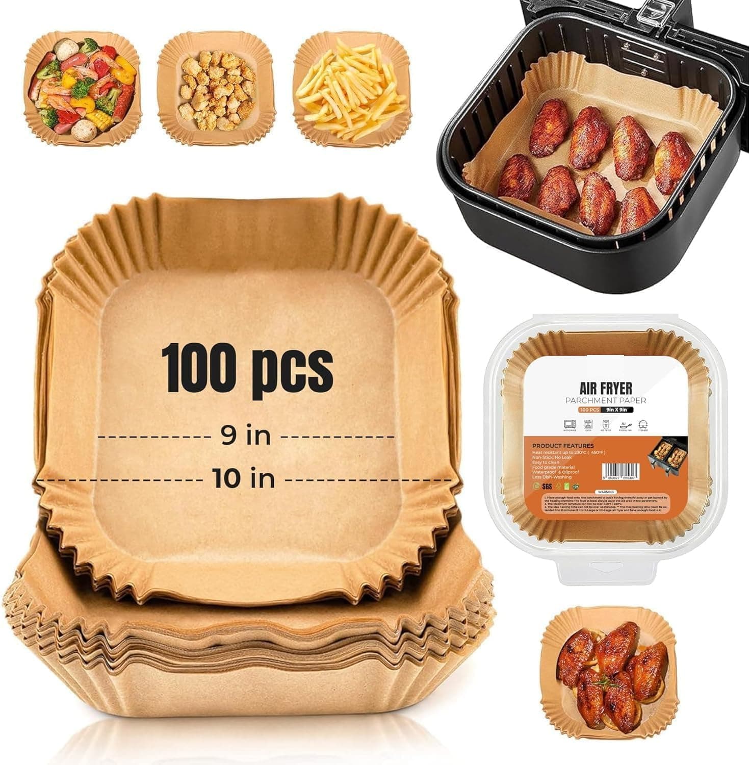 Housezy Air Fryer Liners Disposable, 9 Inch 100pcs Square, Non-Stick, Heat Resistant, Food Grade Parchment Baking Paper, Compatible with