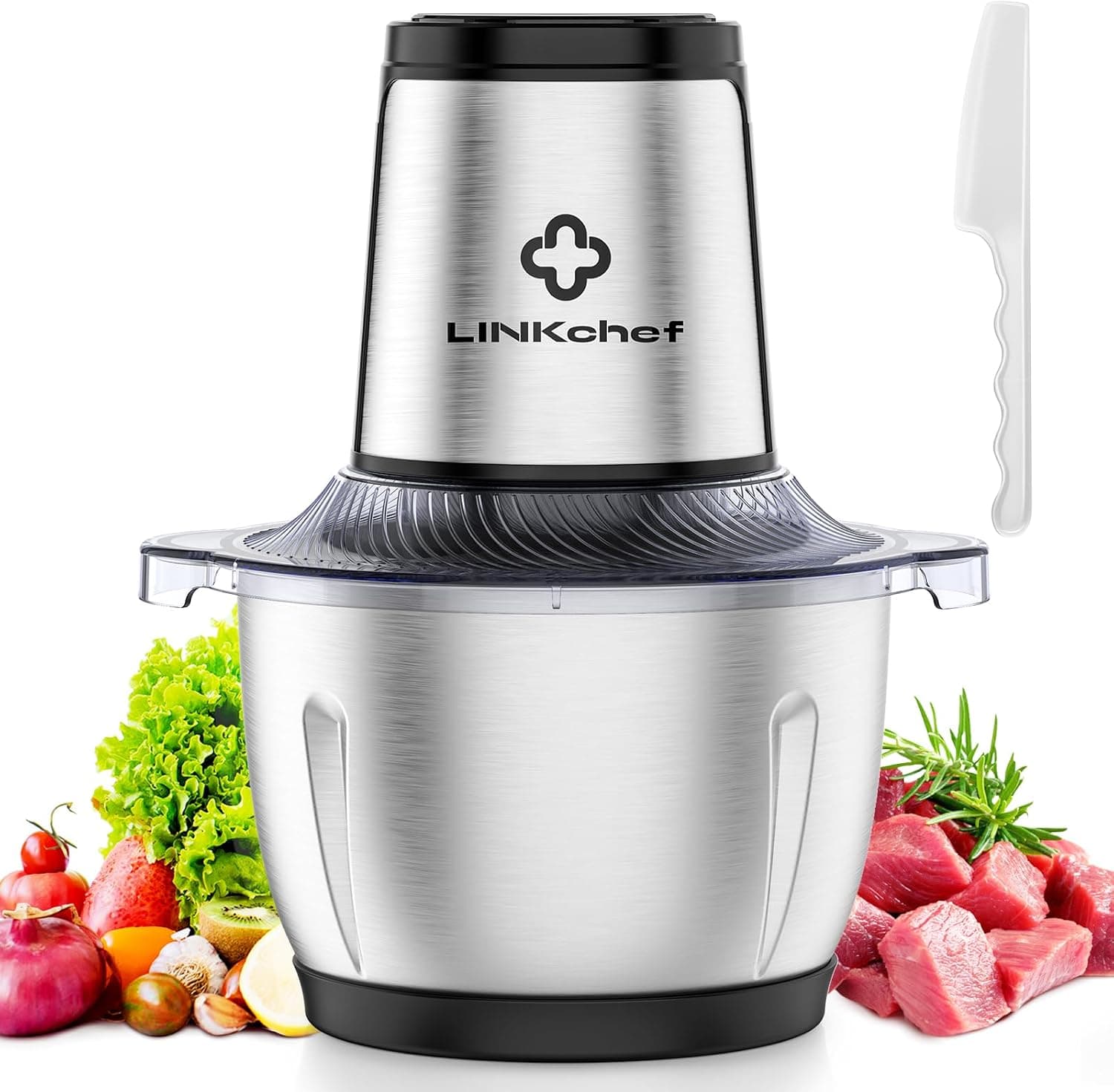 LINKChef Food Processor, Dual-Speed Mini Electric Vegetable Chopper with 1.5L Stainless Steel Bowl, 3-Layer Blades, Small Food Processor