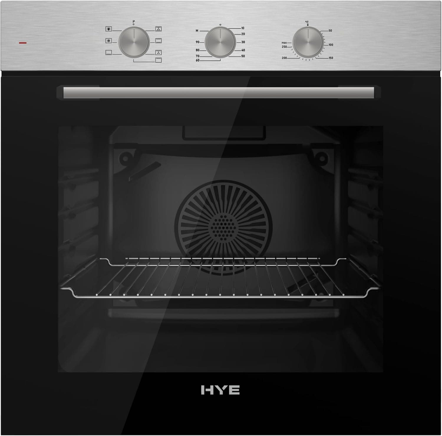 HYE 60cm Built-In Electric Fan Oven - Stainless Steel & Black Glass Door | Double-Layer Low-E Glass Door, 7 Versatile Cooking Functions
