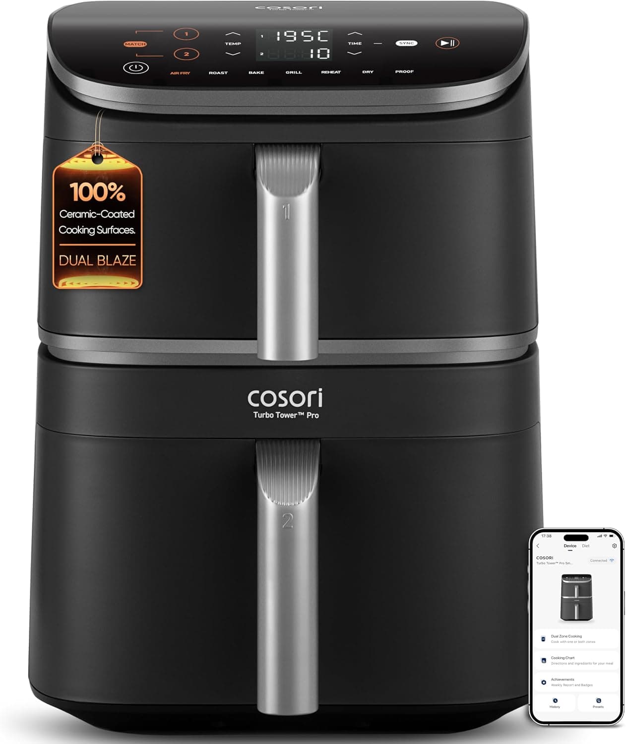 Cosori Turbo Tower Pro Air Fryer 10.8L, APP Control, Ceramic Coating, Gray | Family Size, DualBlaze Tech, Top & Bottom Heating, 3-Layer